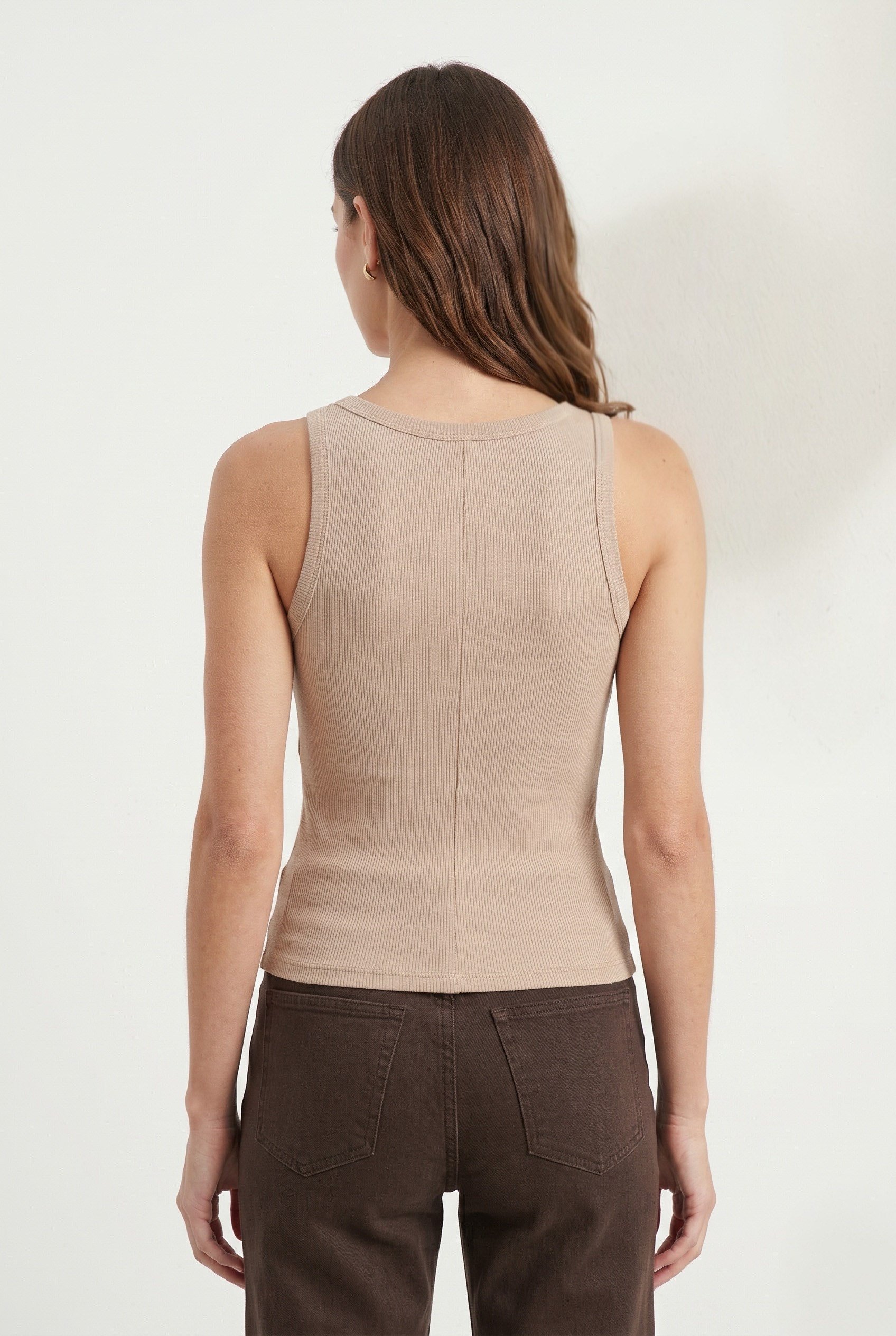 Kadın Cotton Premium Doku Bej Pamuklu Basic Fitilli Atlet