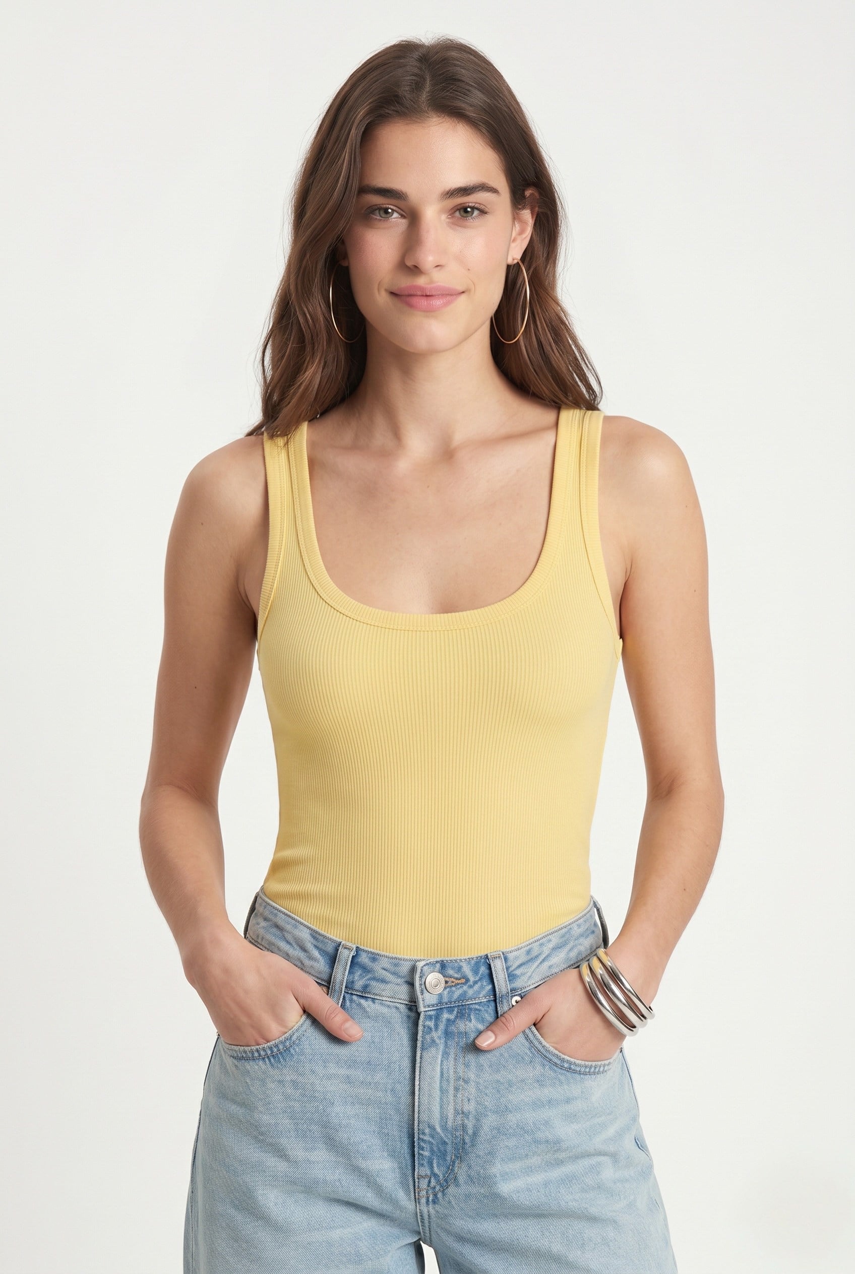 Kadın Cotton Premium Doku Sarı Pamuklu Basic Fitilli Atlet