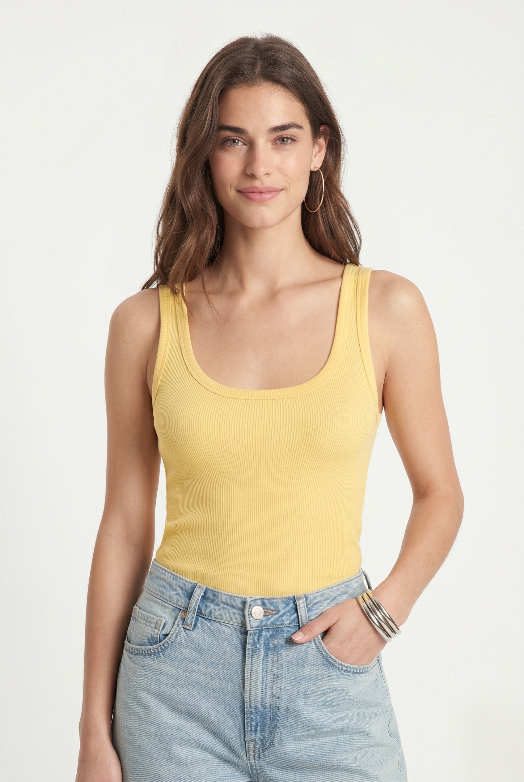 Kadın Cotton Premium Doku Sarı Pamuklu Basic Fitilli Atlet