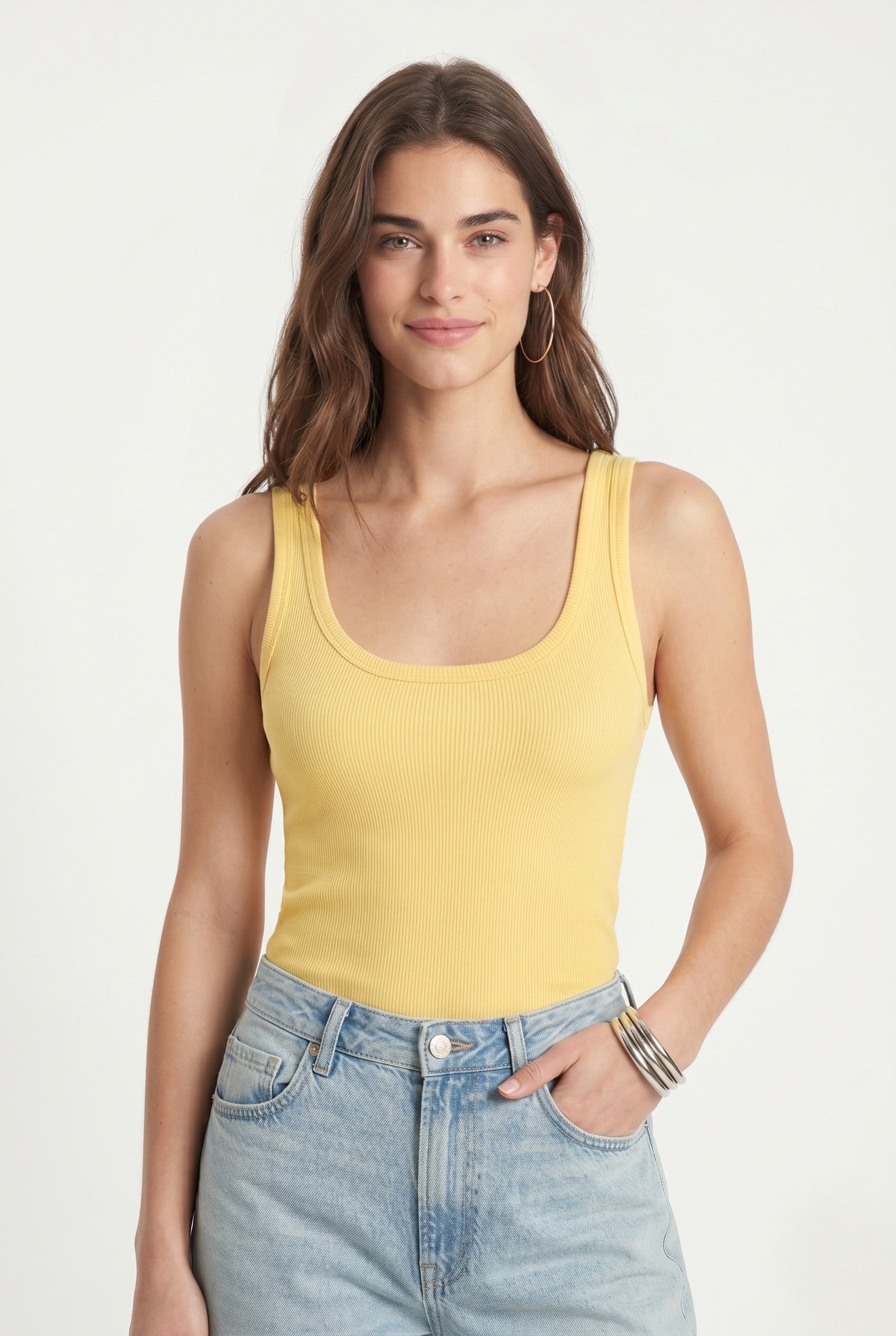 Kadın Cotton Premium Doku Sarı Pamuklu Basic Fitilli Atlet