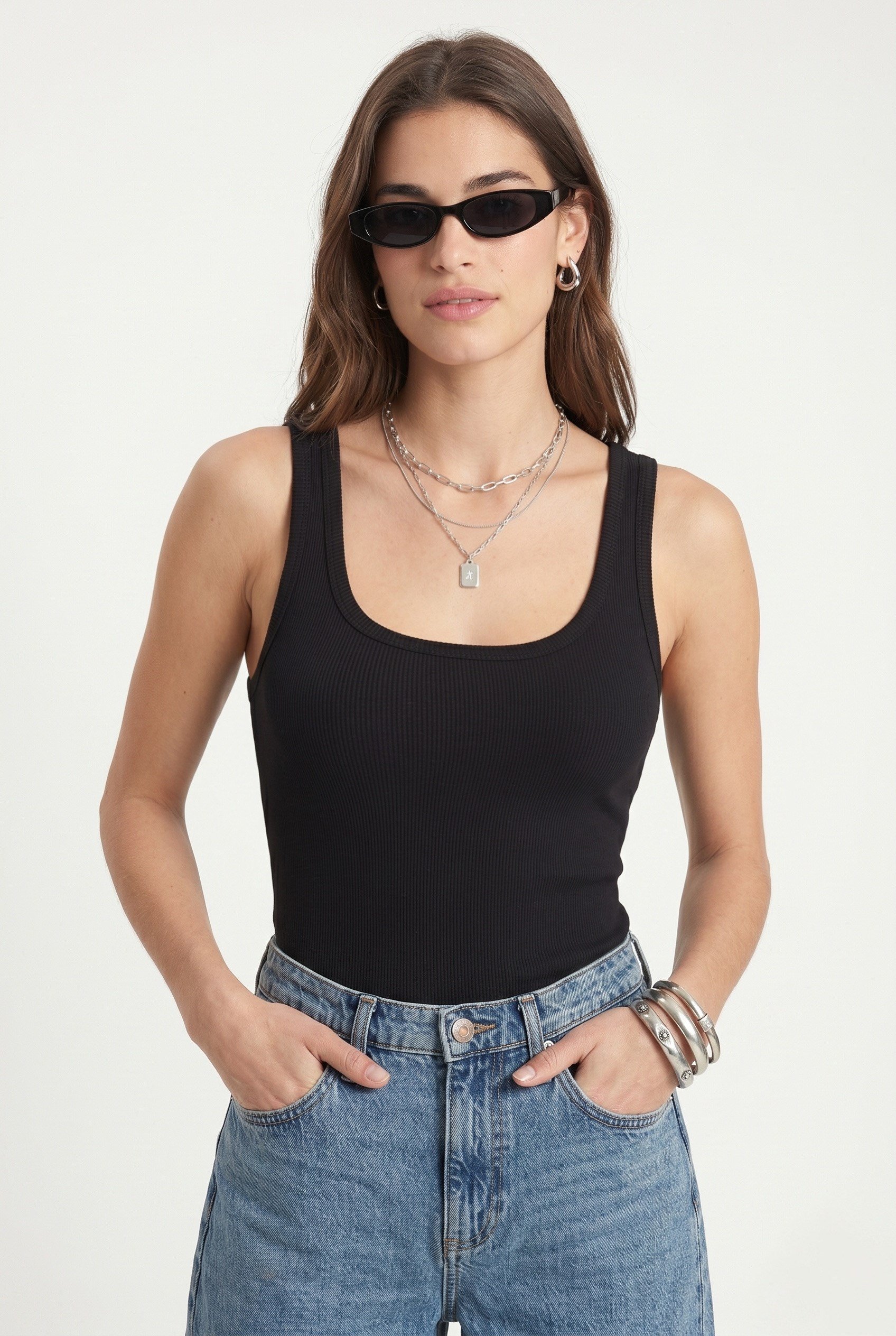 Kadın Cotton Premium Doku Siyah Pamuklu Basic Fitilli Atlet