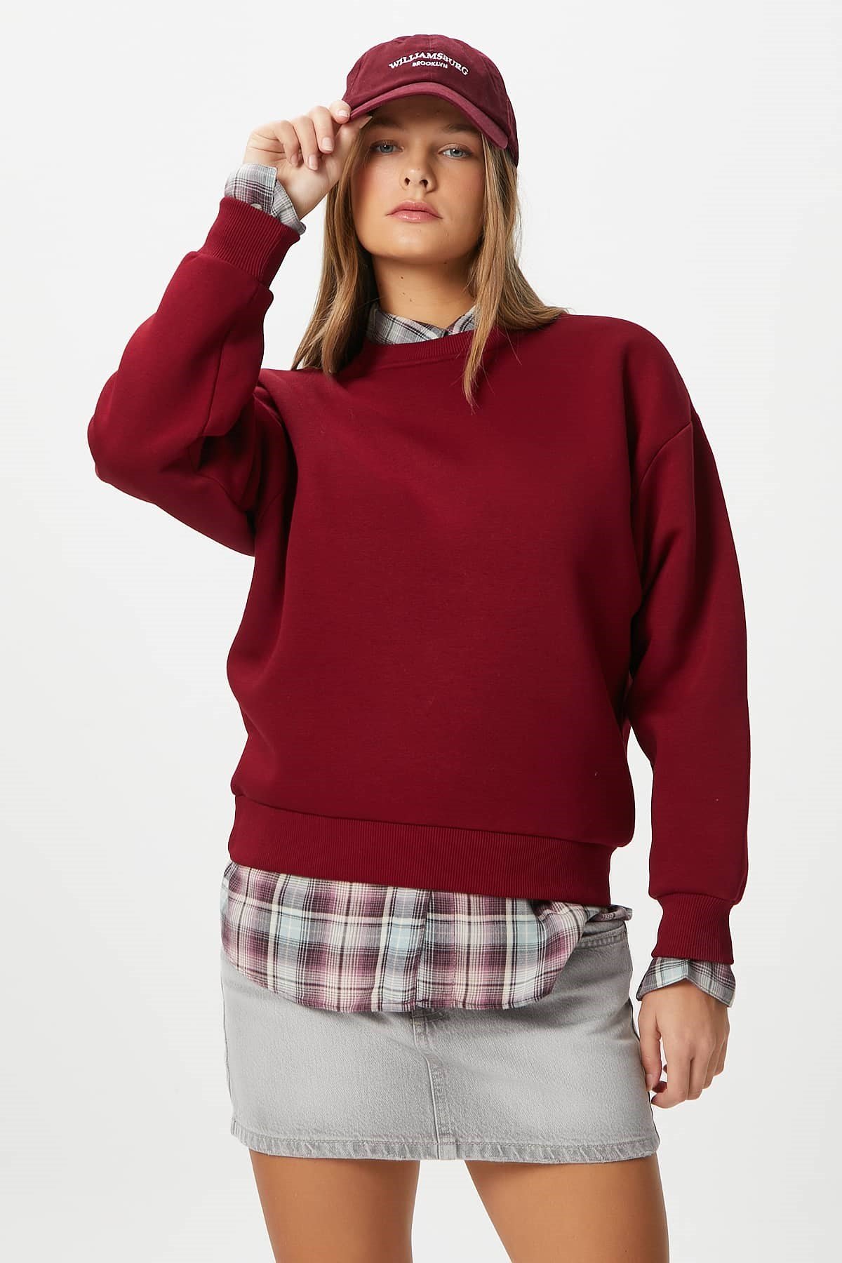 Kadın Cozy İçi Polarlı Bordo Basic Bisiklet Yaka Pamuklu Kalın Örme Sweatshirt