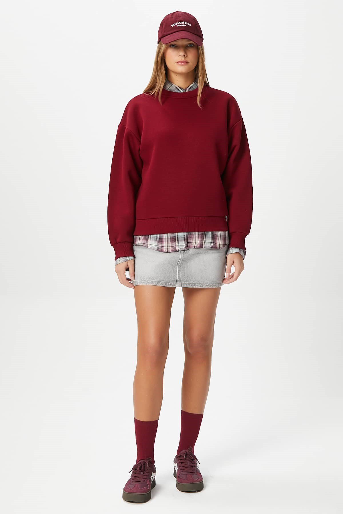 Kadın Cozy İçi Polarlı Bordo Basic Bisiklet Yaka Pamuklu Kalın Örme Sweatshirt