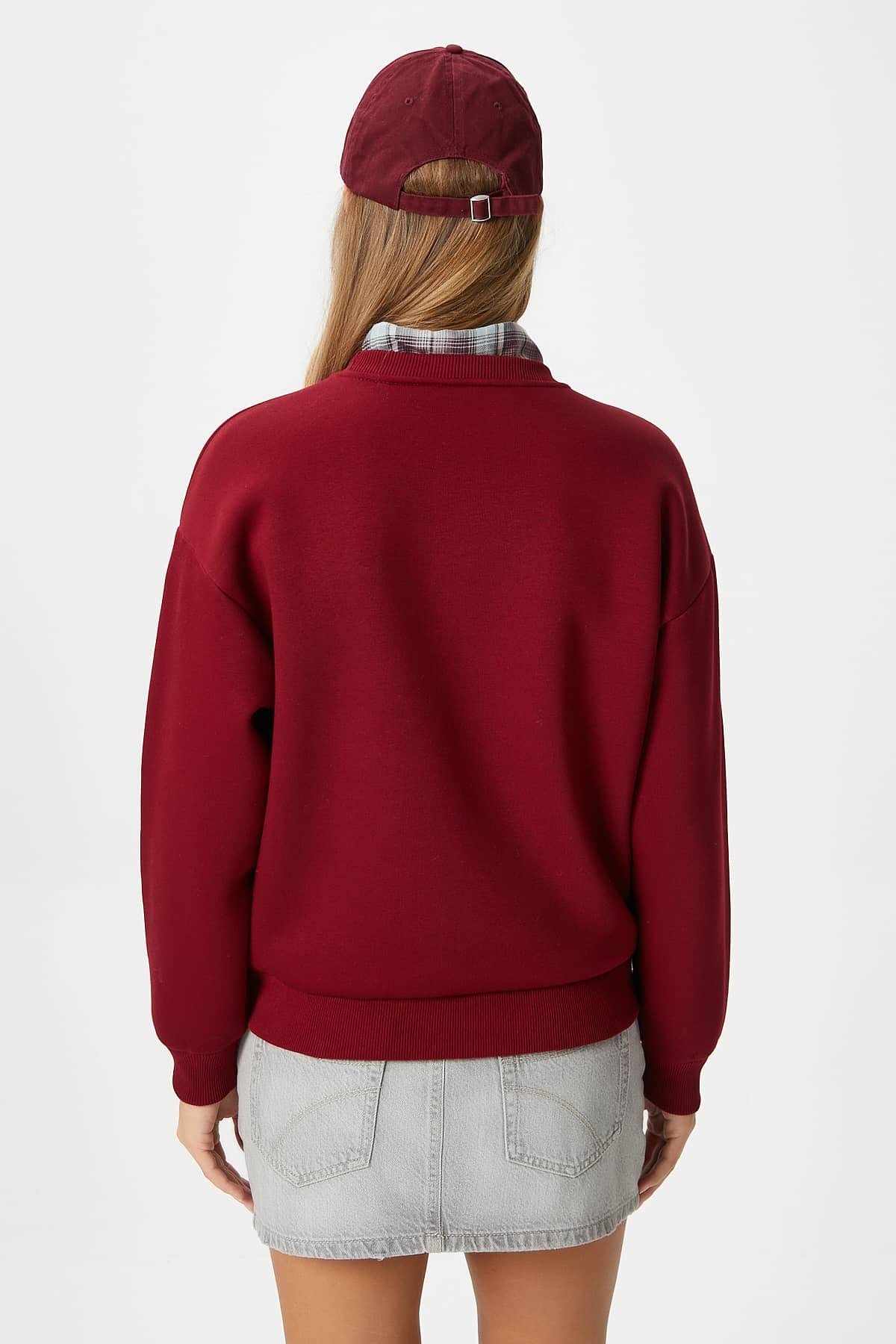 Kadın Cozy İçi Polarlı Bordo Basic Bisiklet Yaka Pamuklu Kalın Örme Sweatshirt