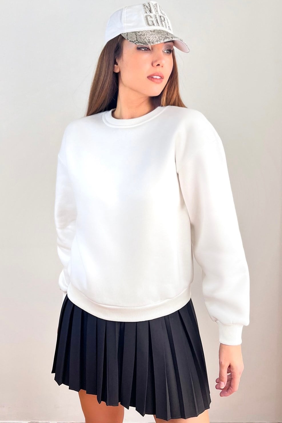 Kadın Cozy İçi Polarlı Ekru Basic Bisiklet Yaka Pamuklu Kalın Örme Sweatshirt