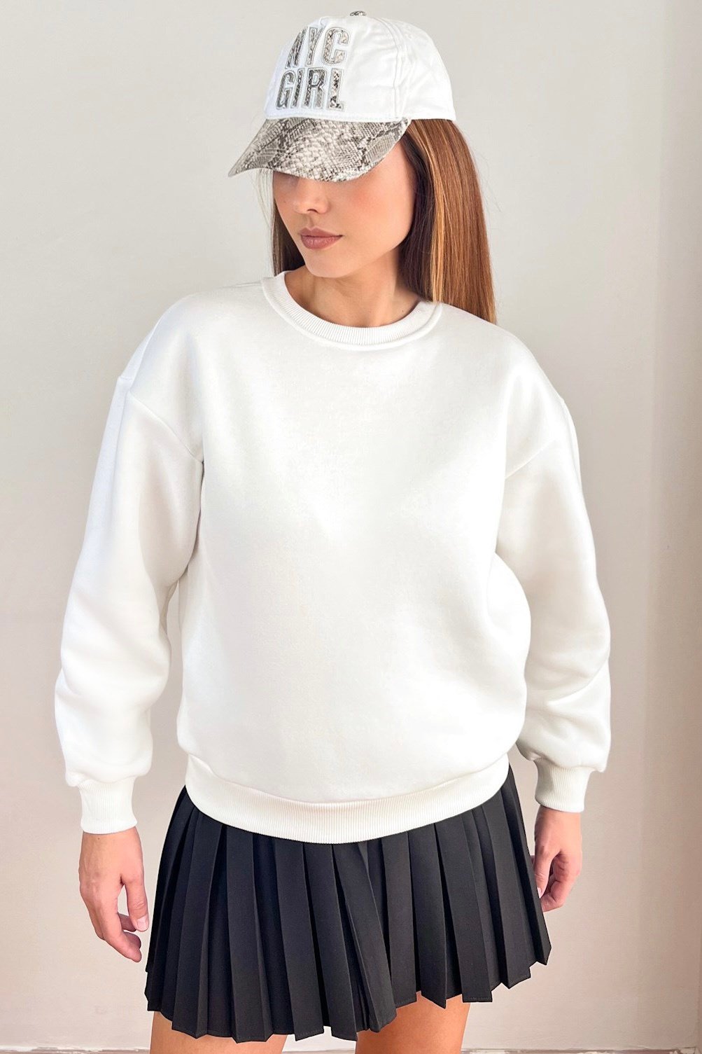 Kadın Cozy İçi Polarlı Ekru Basic Bisiklet Yaka Pamuklu Kalın Örme Sweatshirt