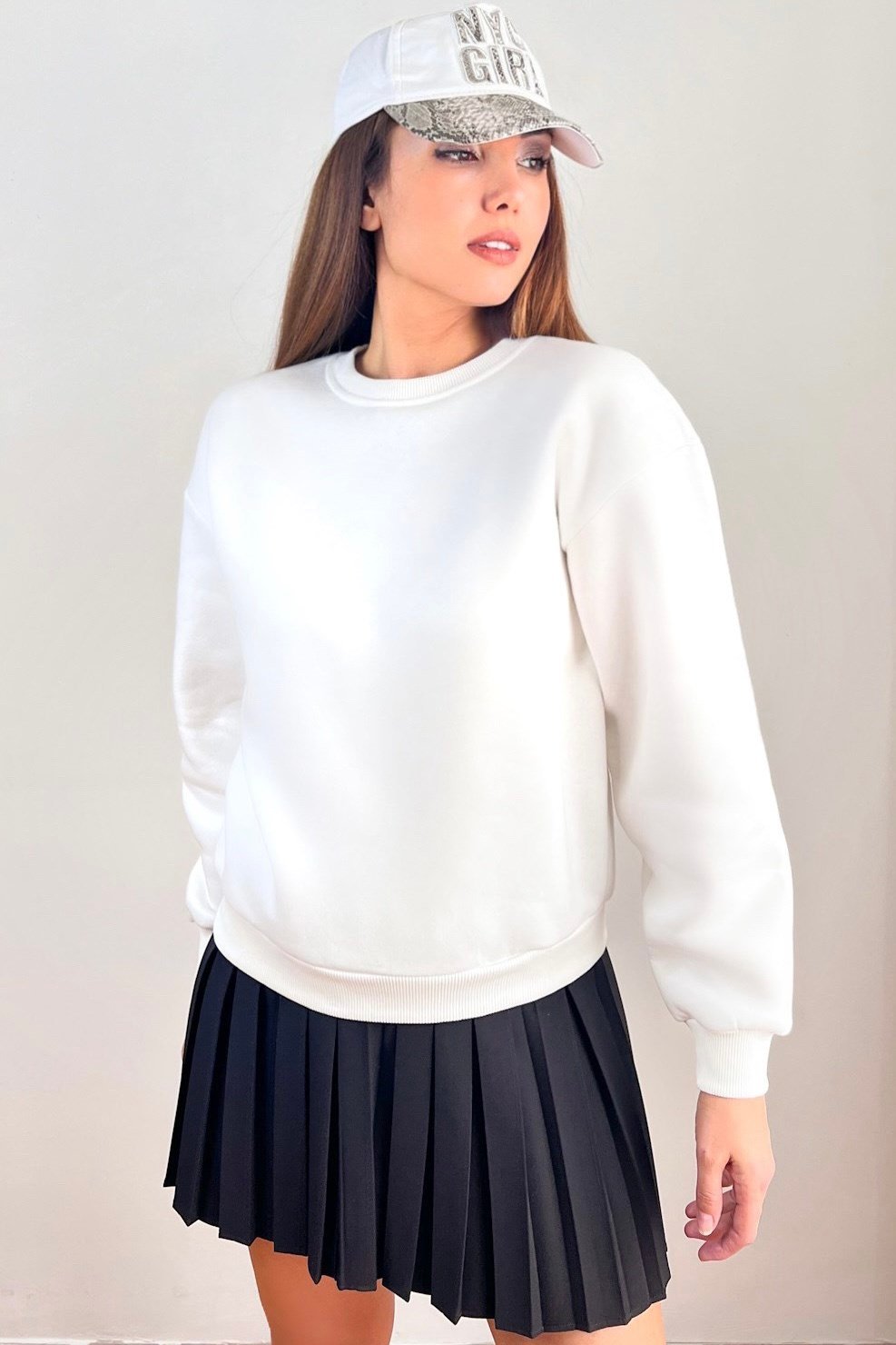 Kadın Cozy İçi Polarlı Ekru Basic Bisiklet Yaka Pamuklu Kalın Örme Sweatshirt