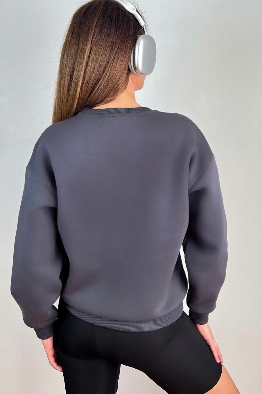 Kadın Cozy İçi Polarlı Füme Basic Bisiklet Yaka Pamuklu Kalın Örme Sweatshirt