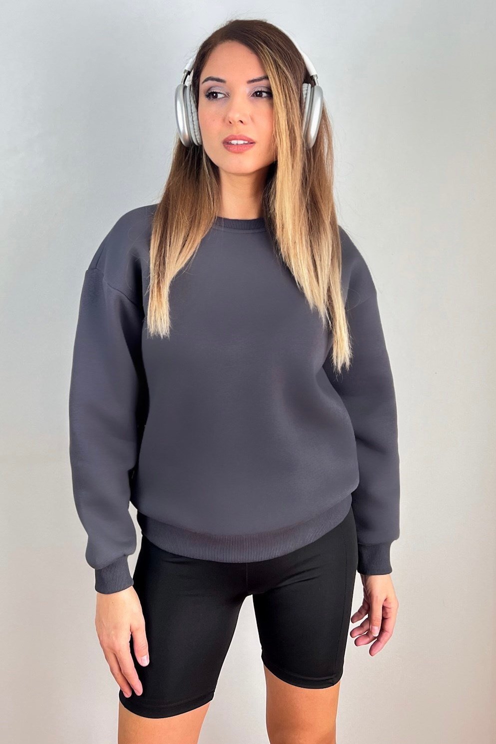Kadın Cozy İçi Polarlı Füme Basic Bisiklet Yaka Pamuklu Kalın Örme Sweatshirt