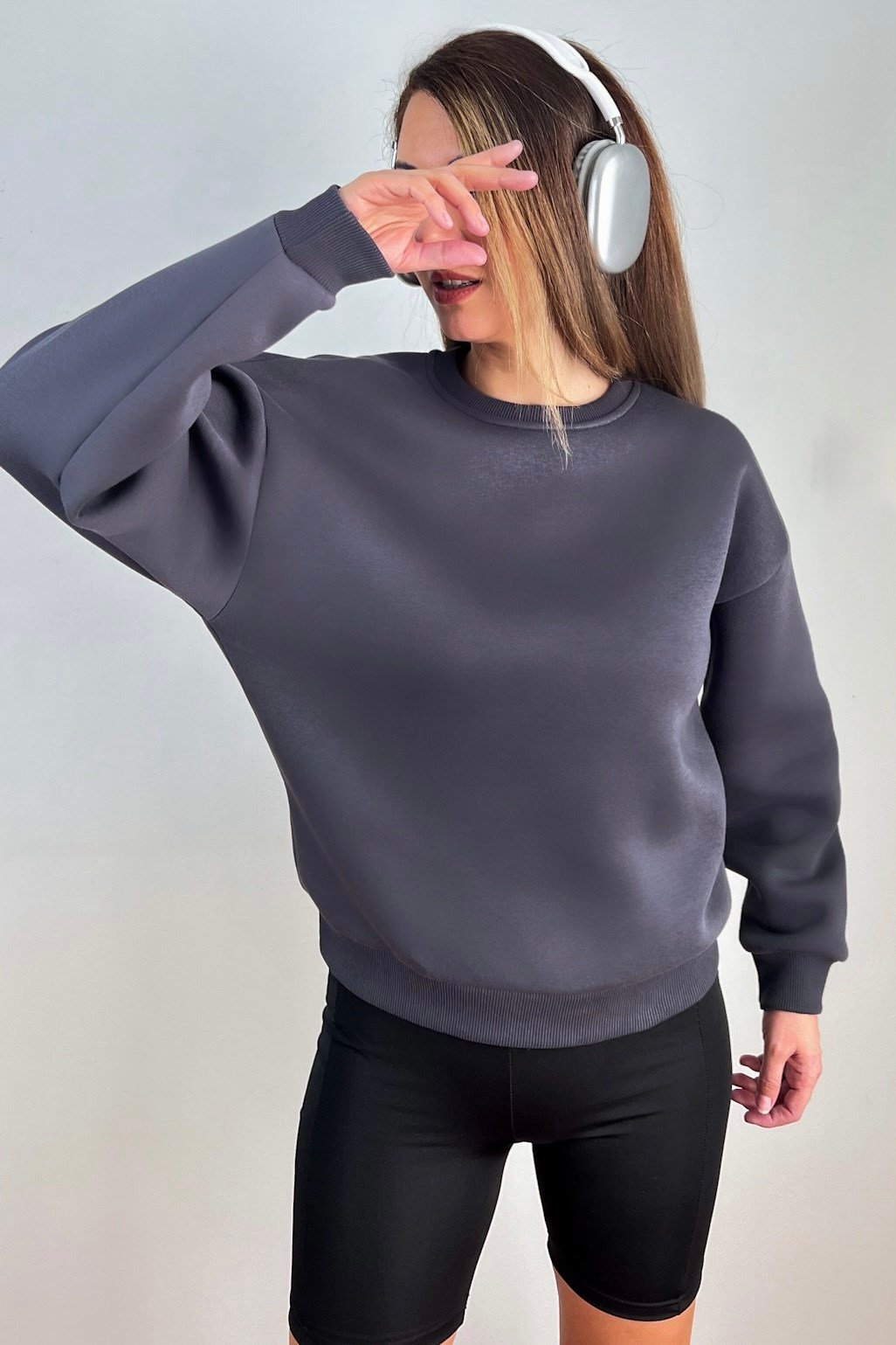 Kadın Cozy İçi Polarlı Füme Basic Bisiklet Yaka Pamuklu Kalın Örme Sweatshirt