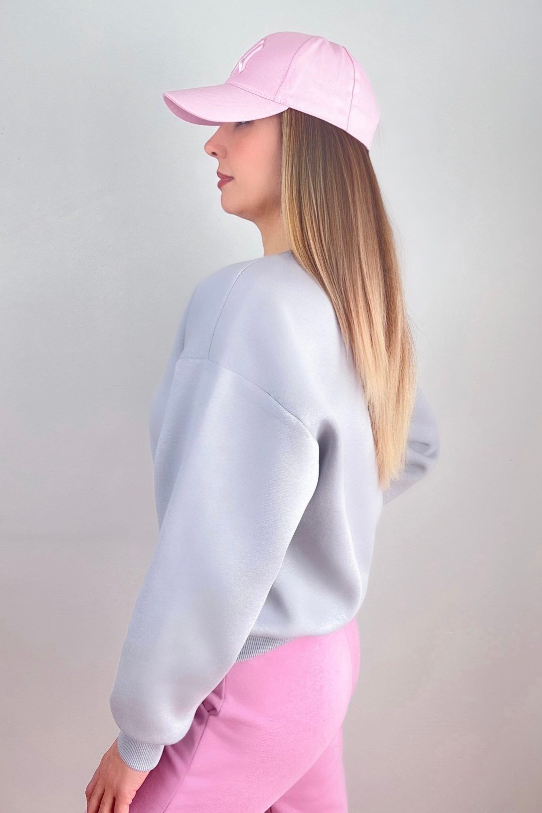 Kadın Cozy İçi Polarlı Gri Basic Bisiklet Yaka Pamuklu Kalın Örme Sweatshirt