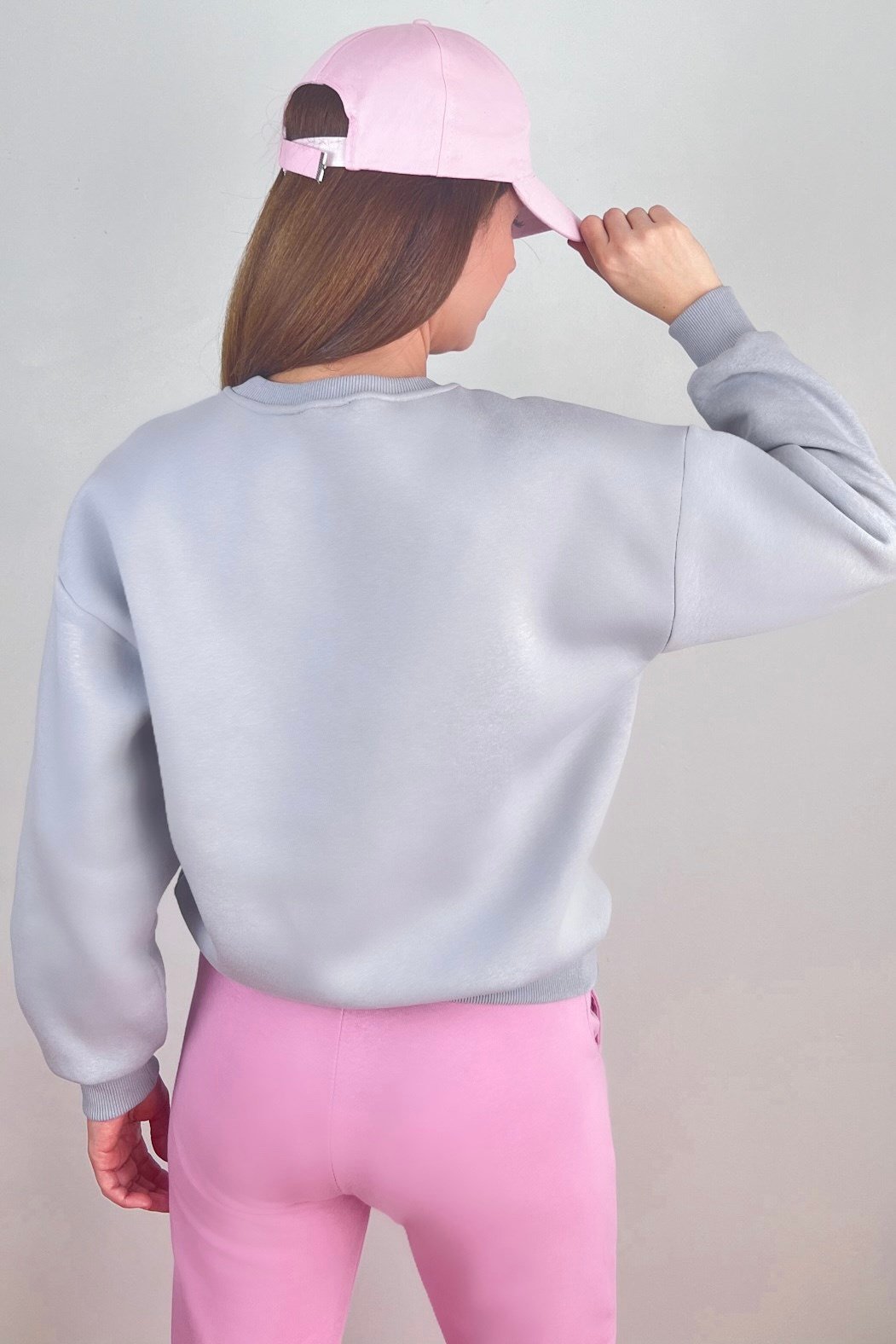 Kadın Cozy İçi Polarlı Gri Basic Bisiklet Yaka Pamuklu Kalın Örme Sweatshirt
