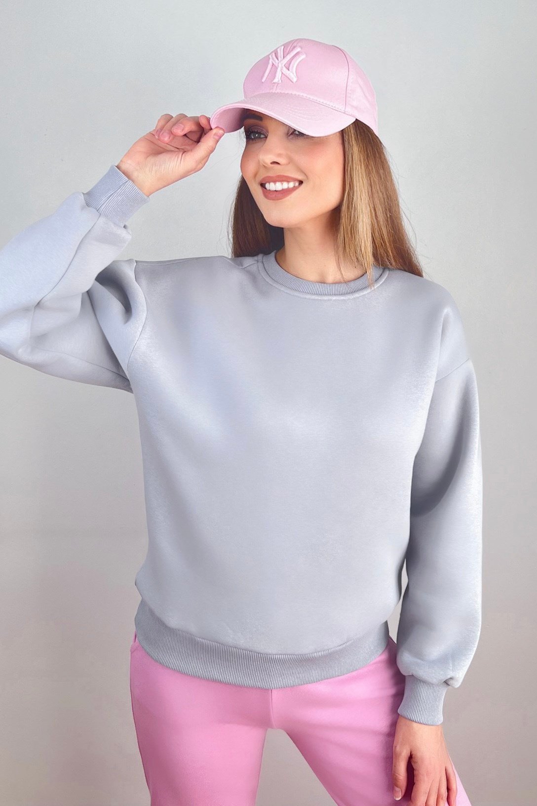 Kadın Cozy İçi Polarlı Gri Basic Bisiklet Yaka Pamuklu Kalın Örme Sweatshirt