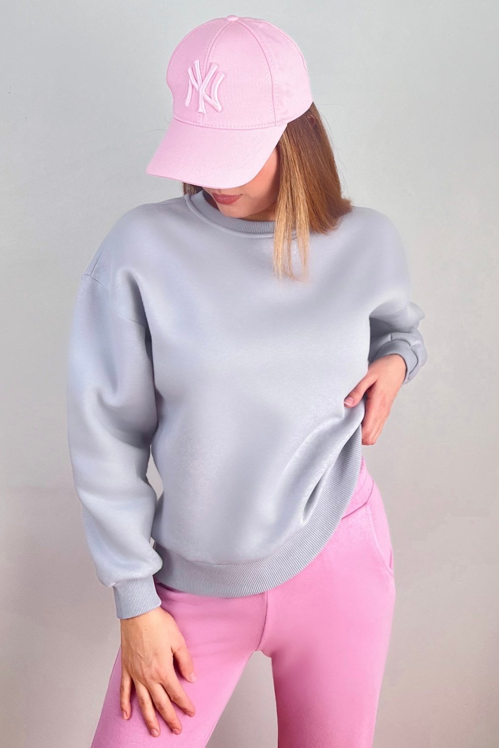 Kadın Cozy İçi Polarlı Gri Basic Bisiklet Yaka Pamuklu Kalın Örme Sweatshirt