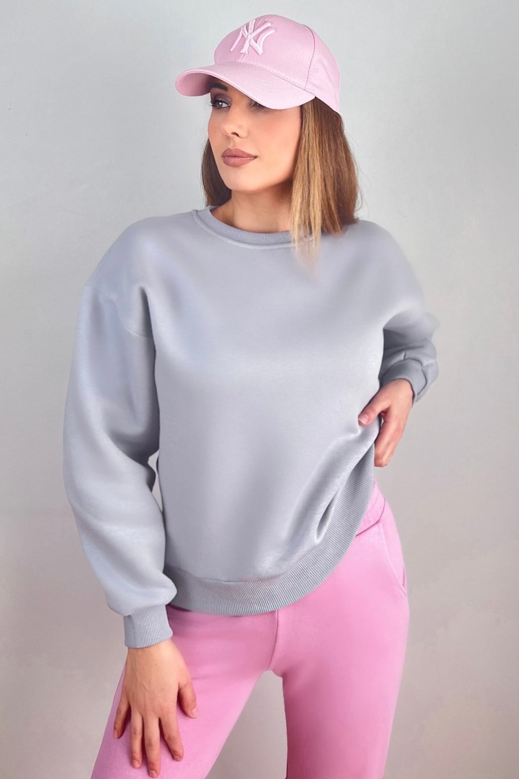 Kadın Cozy İçi Polarlı Gri Basic Bisiklet Yaka Pamuklu Kalın Örme Sweatshirt