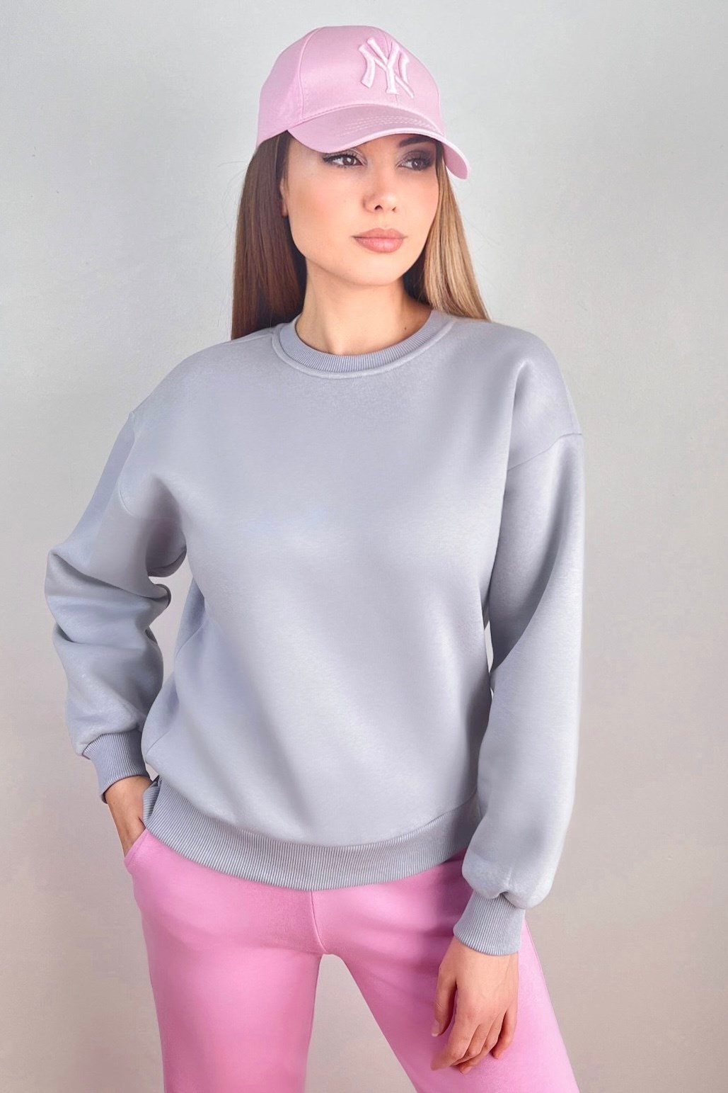 Kadın Cozy İçi Polarlı Gri Basic Bisiklet Yaka Pamuklu Kalın Örme Sweatshirt