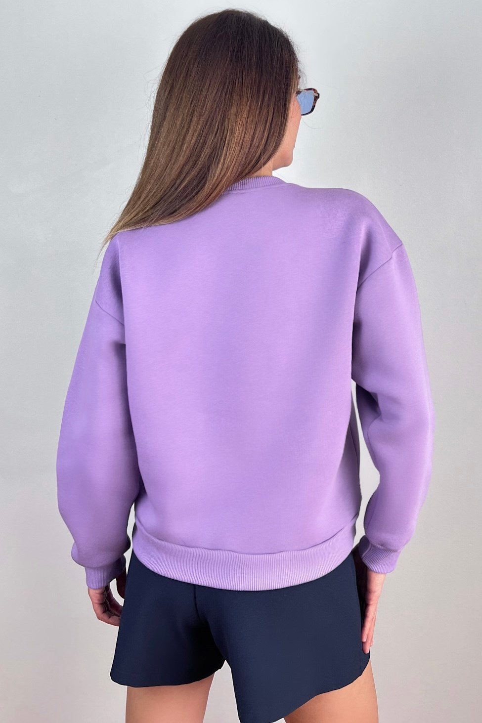 Kadın Cozy İçi Polarlı Mor Basic Bisiklet Yaka Pamuklu Kalın Örme Sweatshirt