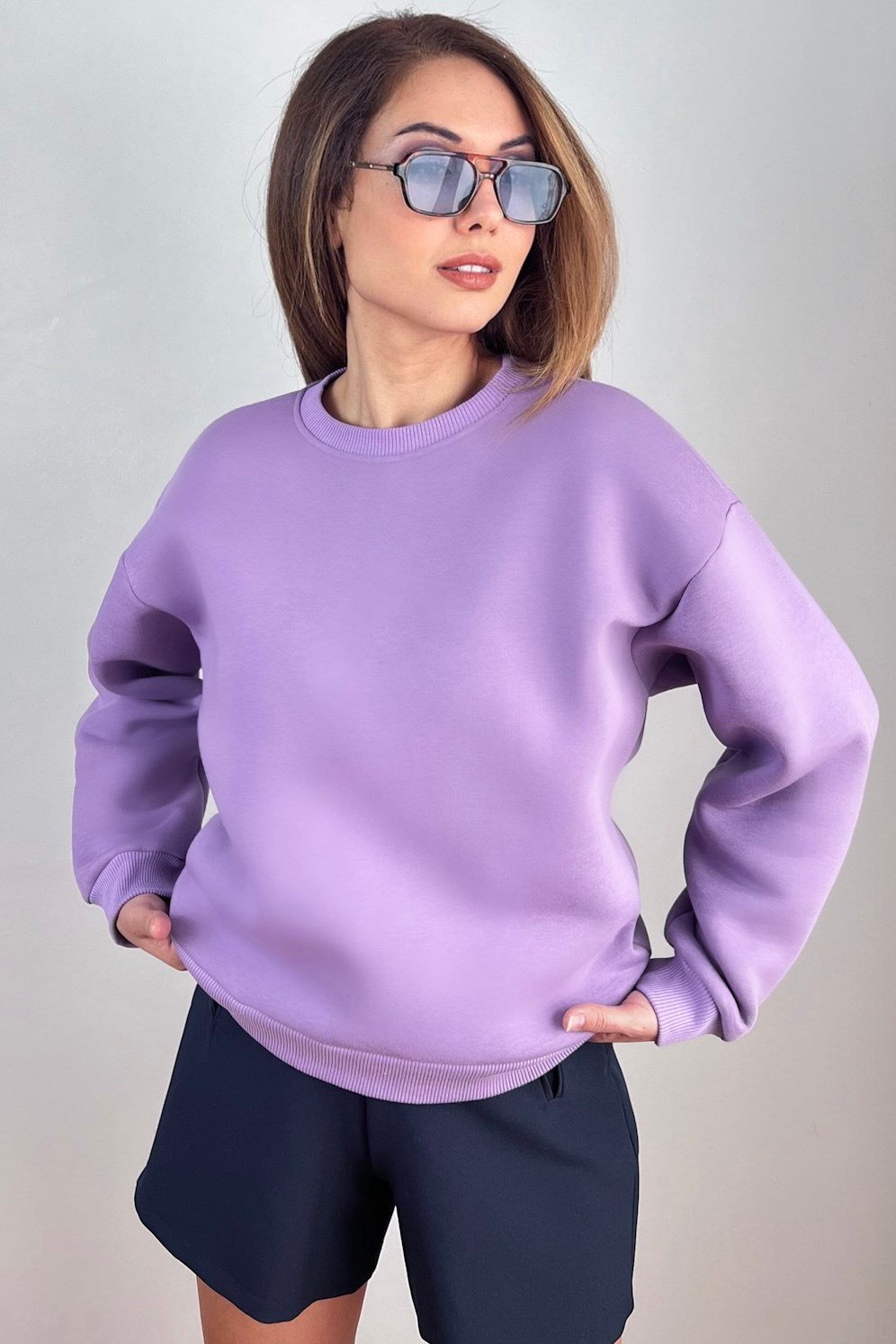 Kadın Cozy İçi Polarlı Mor Basic Bisiklet Yaka Pamuklu Kalın Örme Sweatshirt