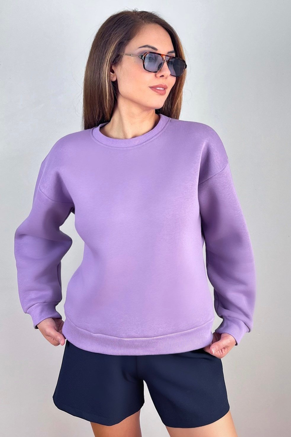 Kadın Cozy İçi Polarlı Mor Basic Bisiklet Yaka Pamuklu Kalın Örme Sweatshirt