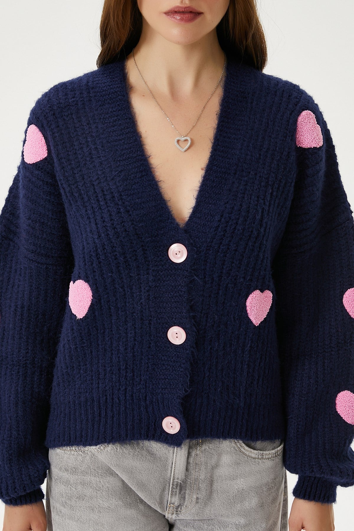 Kadın Cozy Lacivert Pembe Kalp Nakışlı Triko Hırka