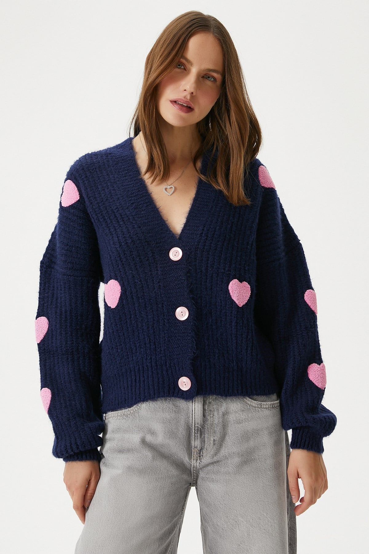 Kadın Cozy Lacivert Pembe Kalp Nakışlı Triko Hırka