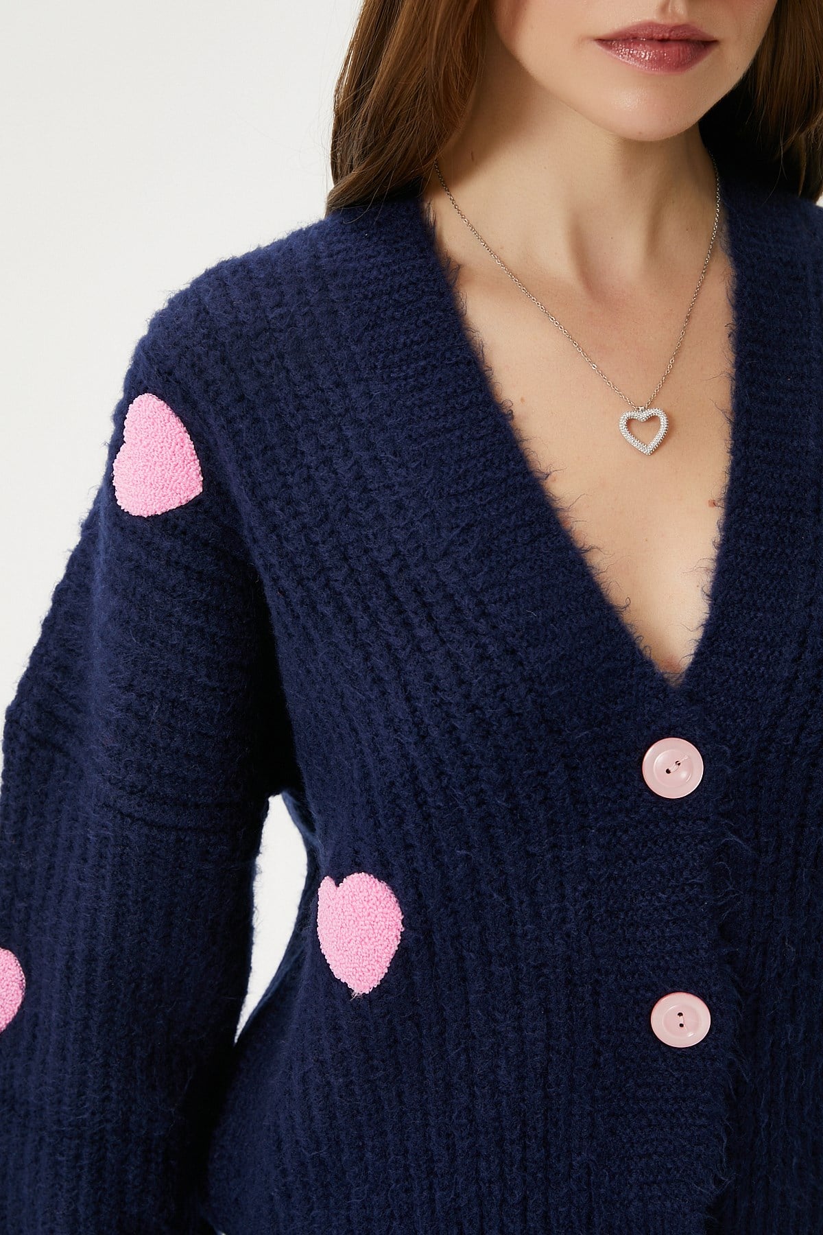 Kadın Cozy Lacivert Pembe Kalp Nakışlı Triko Hırka