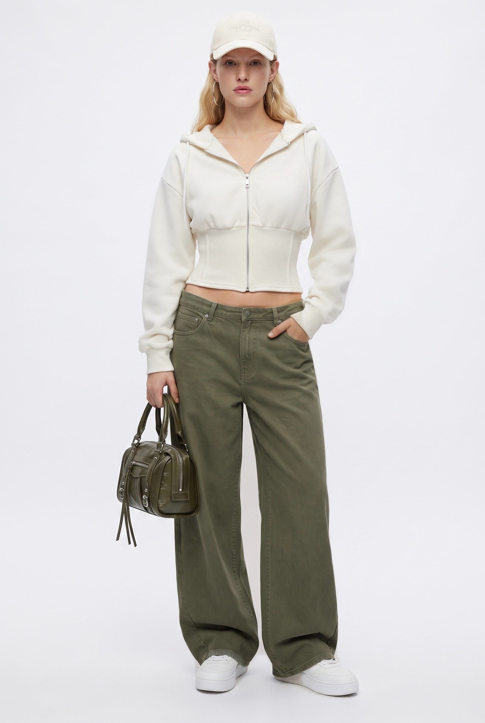 Kadın Crew Korseli Slim Kalıp Ekru Kapüşonlu Sweatshirt