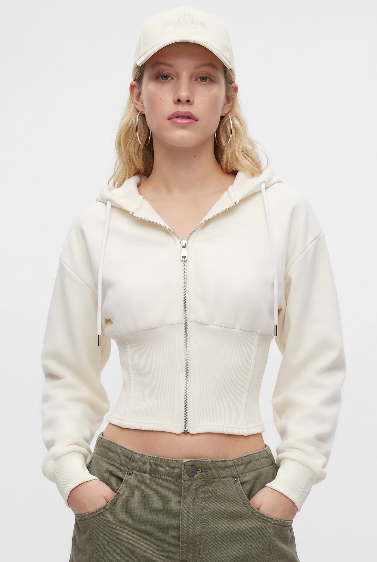 Kadın Crew Korseli Slim Kalıp Ekru Kapüşonlu Sweatshirt