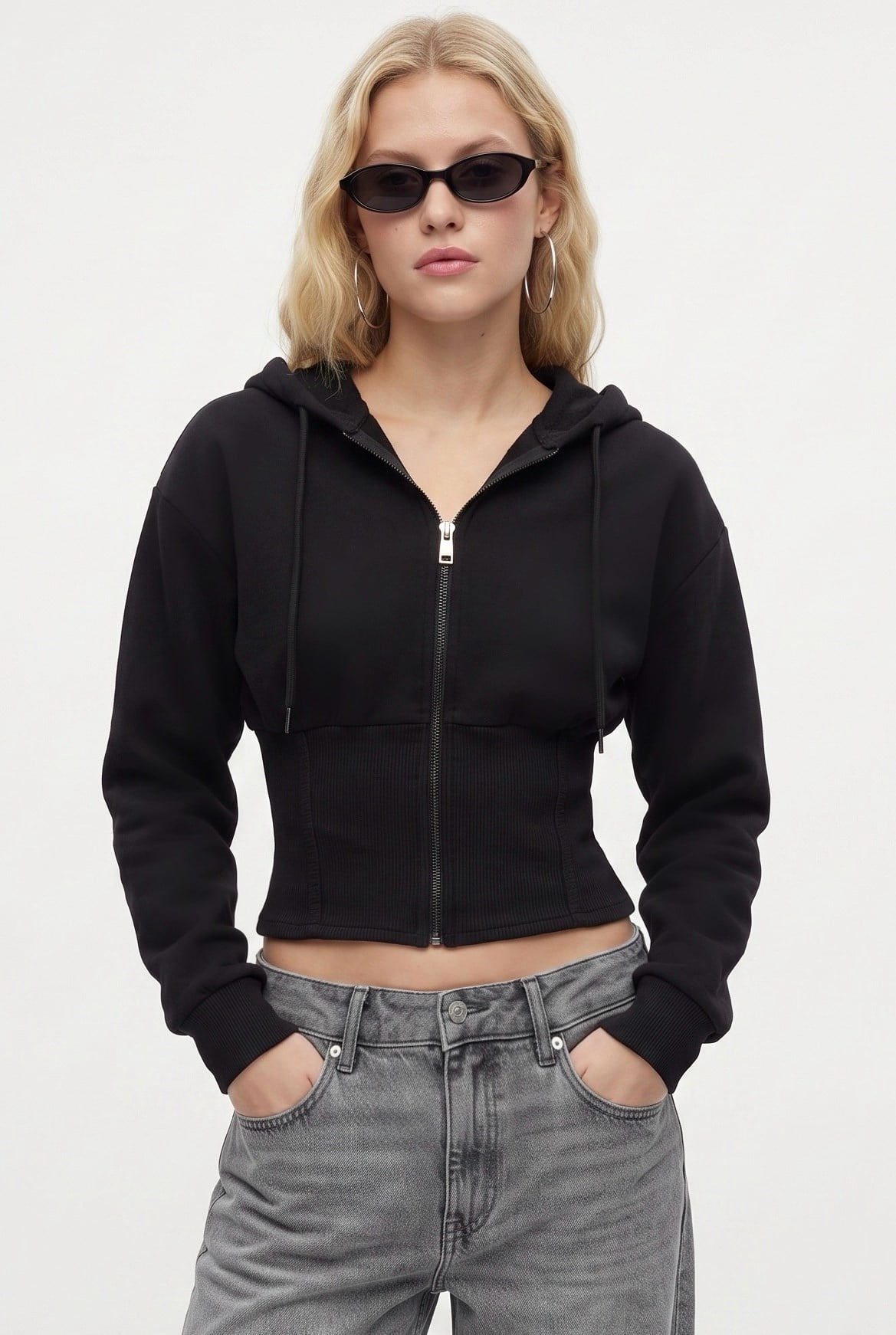 Kadın Crew Korseli Slim Kalıp Siyah Kapüşonlu Sweatshirt