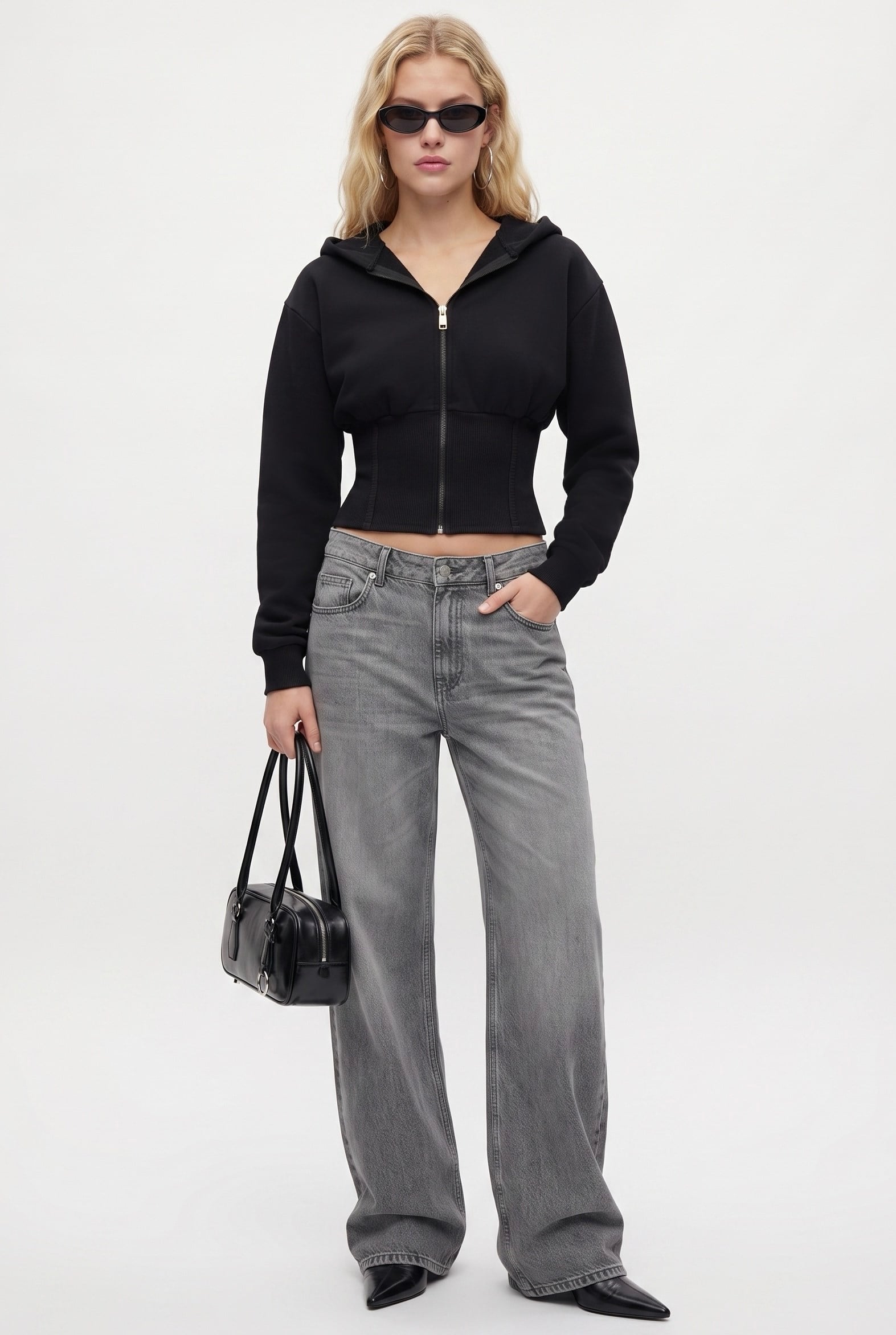 Kadın Crew Korseli Slim Kalıp Siyah Kapüşonlu Sweatshirt