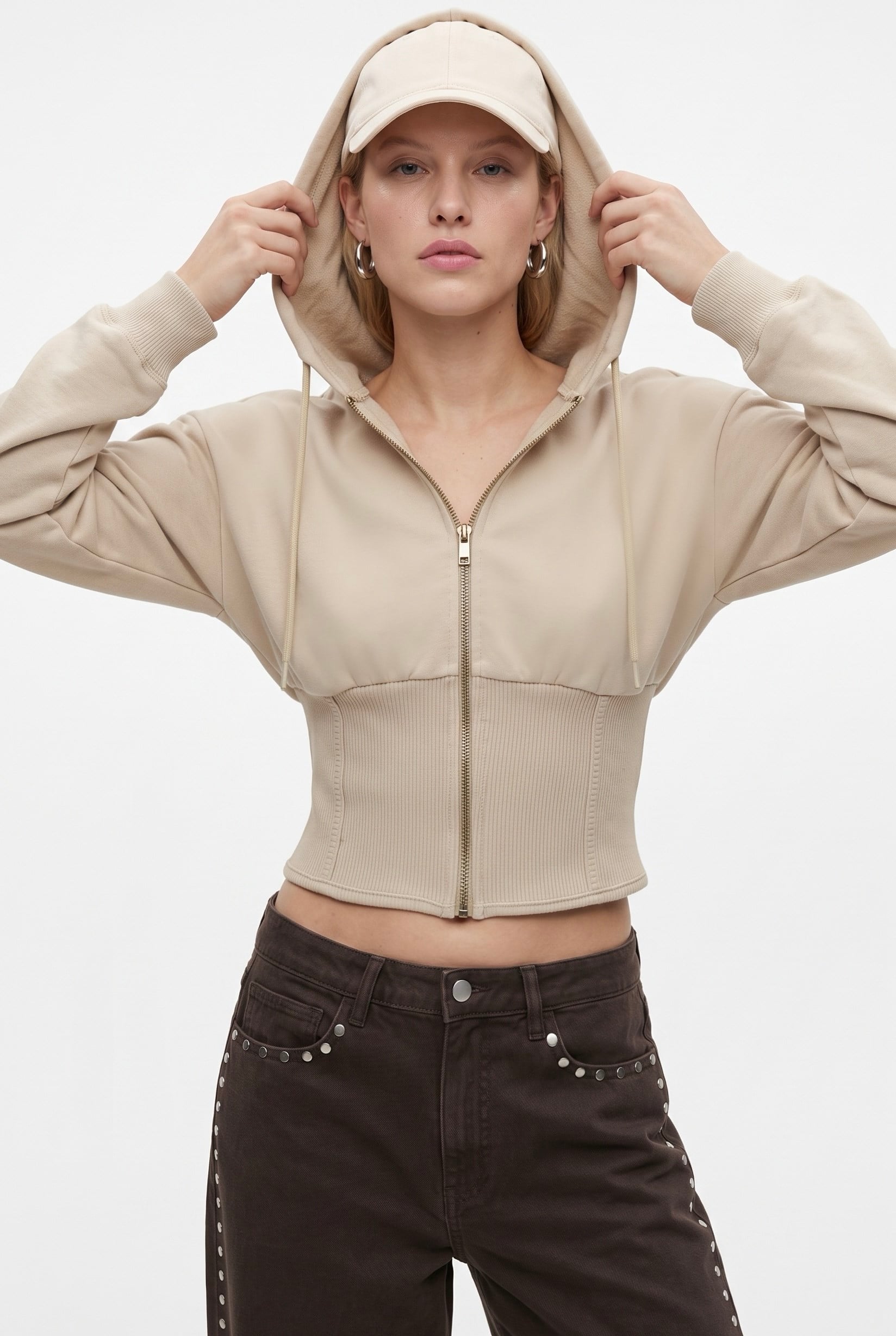 Kadın Crew Korseli Slim Kalıp Siyah Kapüşonlu Sweatshirt