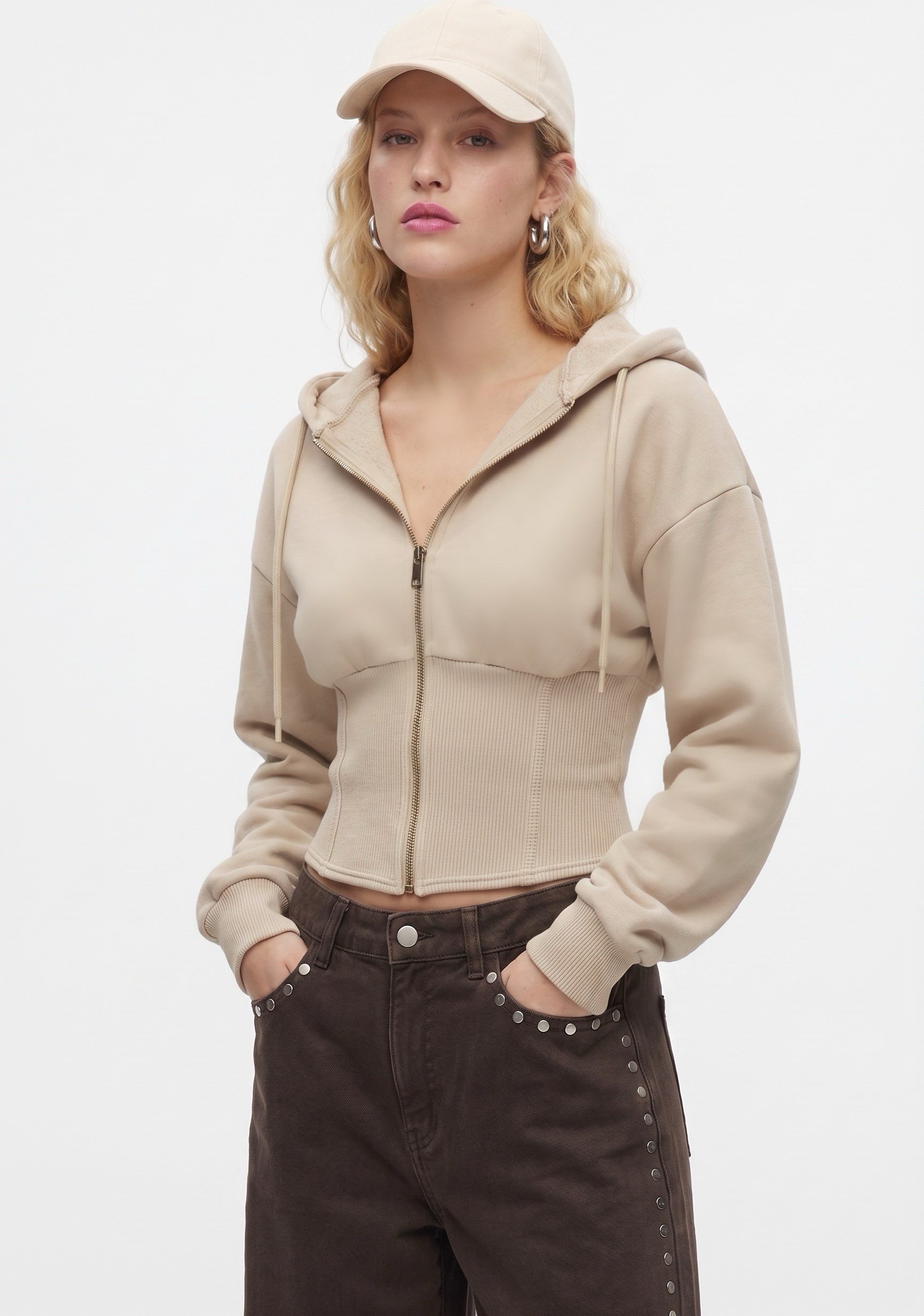 Kadın Crew Korseli Slim Kalıp Siyah Kapüşonlu Sweatshirt