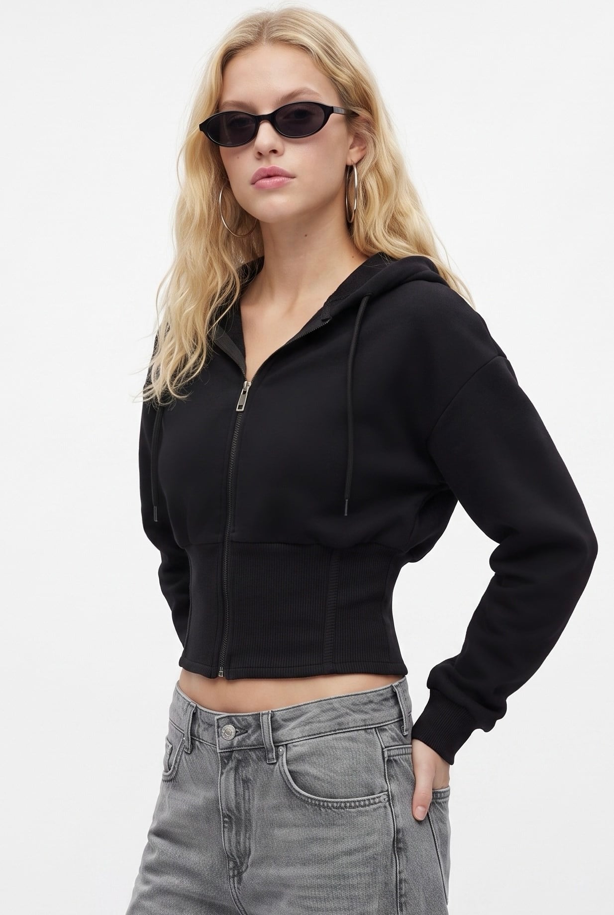 Kadın Crew Korseli Slim Kalıp Siyah Kapüşonlu Sweatshirt