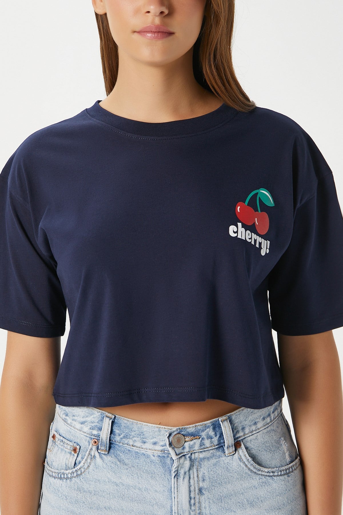 Kadın Cute Kiraz Baskılı Lacivert Crop T-Shirt
