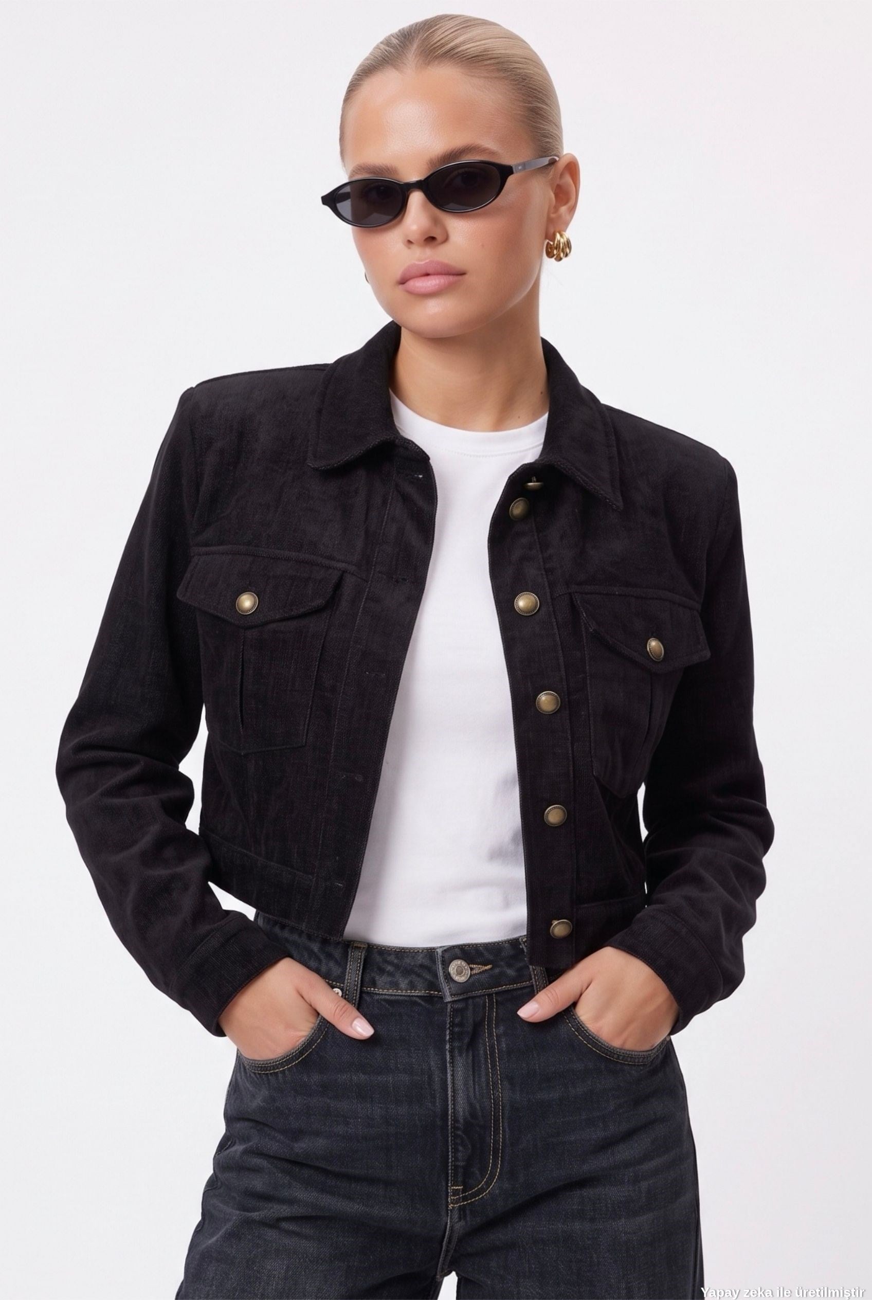 Kadın Daniel Astarlı Cep Detaylı Düğmeli Crop Lux Siyah Ceket