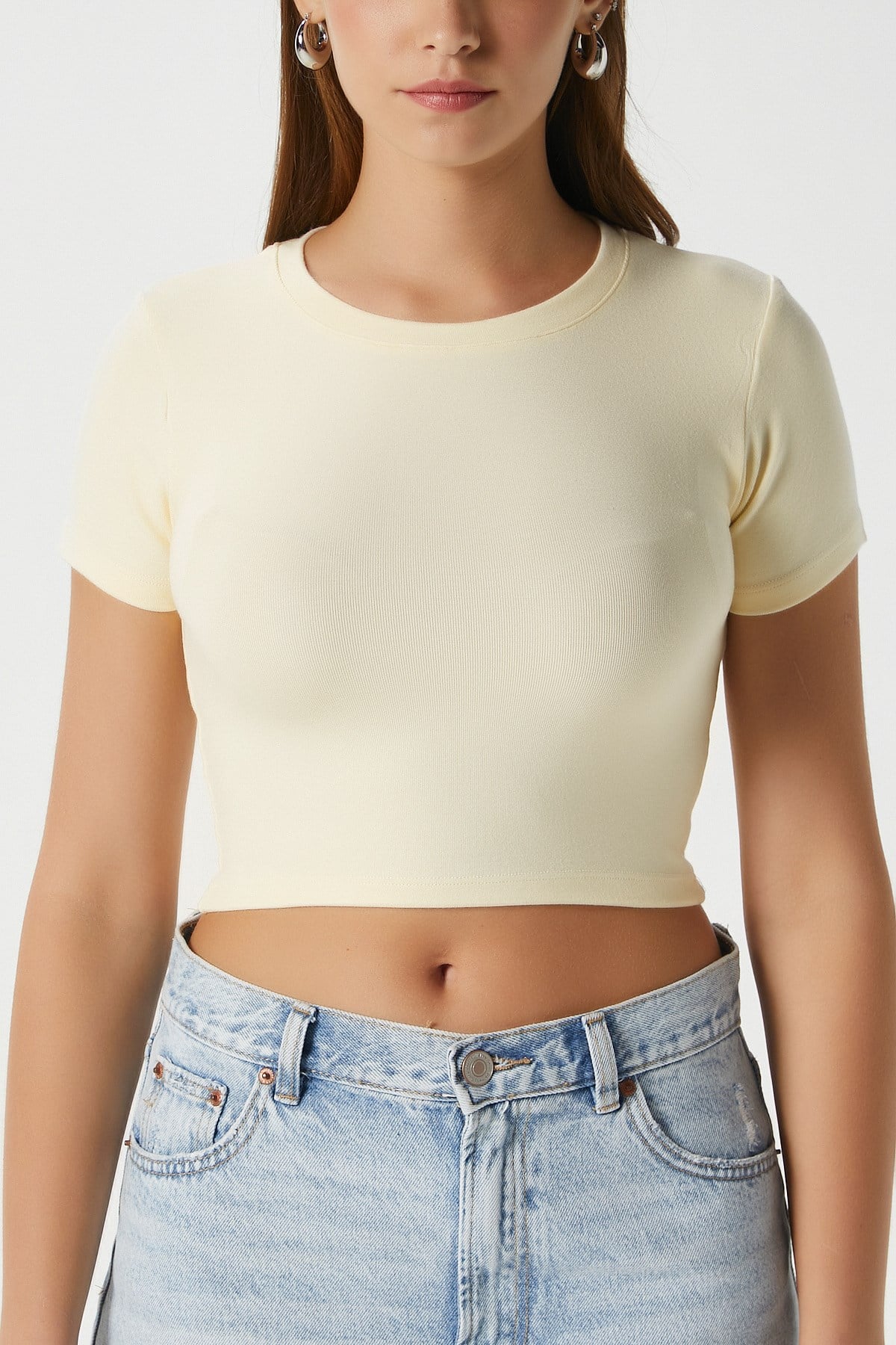 Kadın Deal Lux Touch Yumuşak Doku Crop Tereyağı Sarısı Bluz