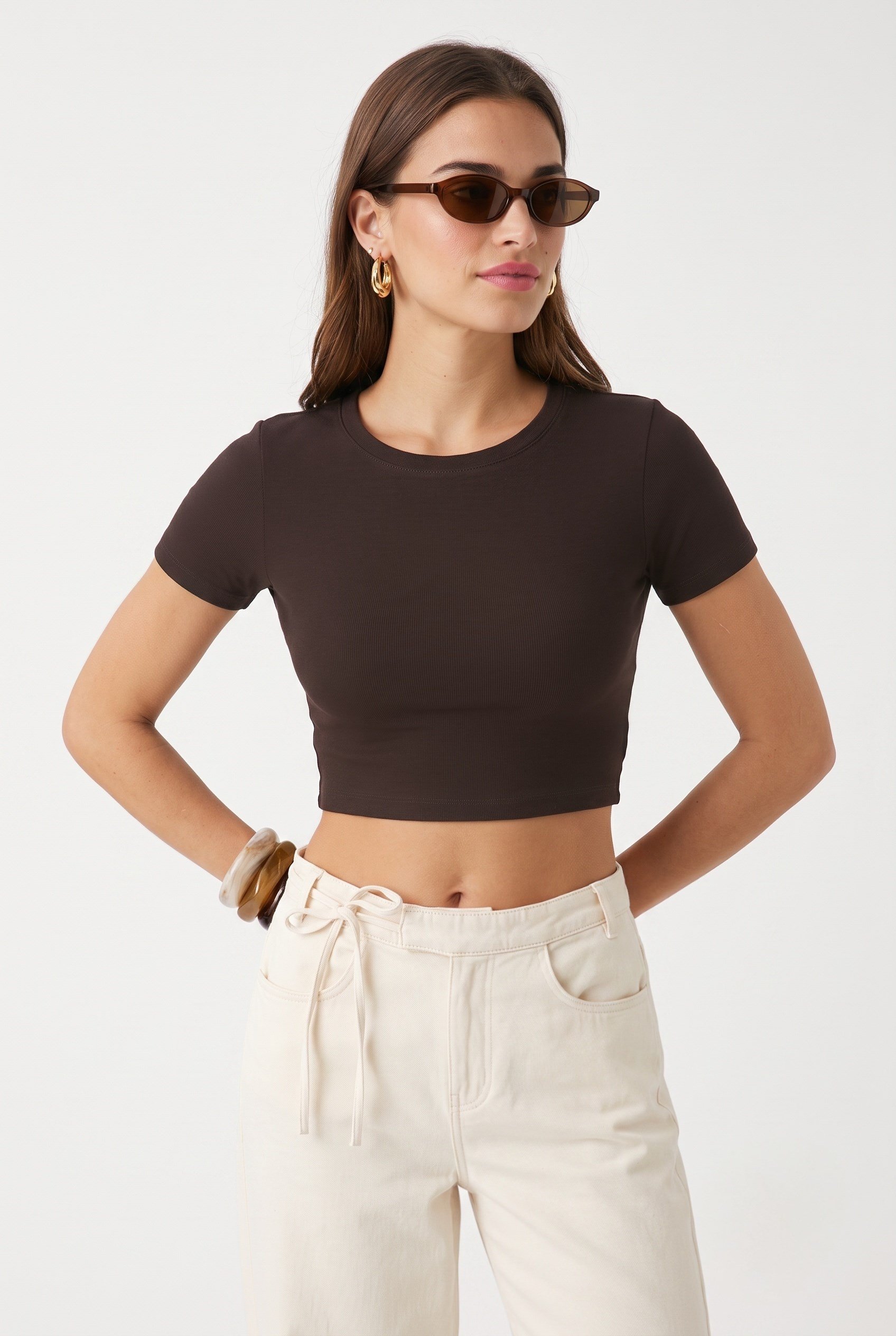 Kadın Deal Lux Touch Yumuşak Doku Crop Kahve Bluz