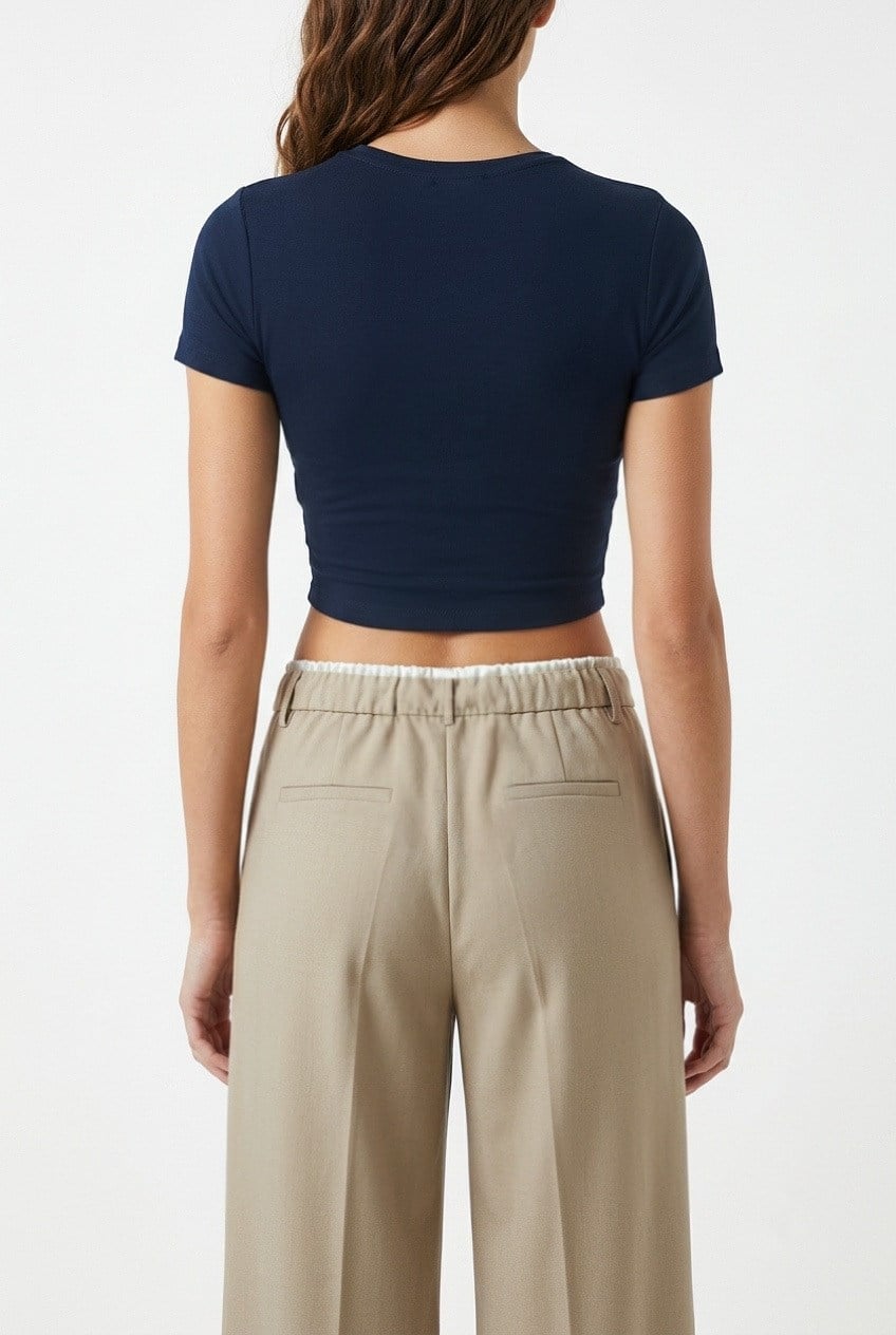 Kadın Deal Lux Touch Yumuşak Doku Crop Lacivert Bluz