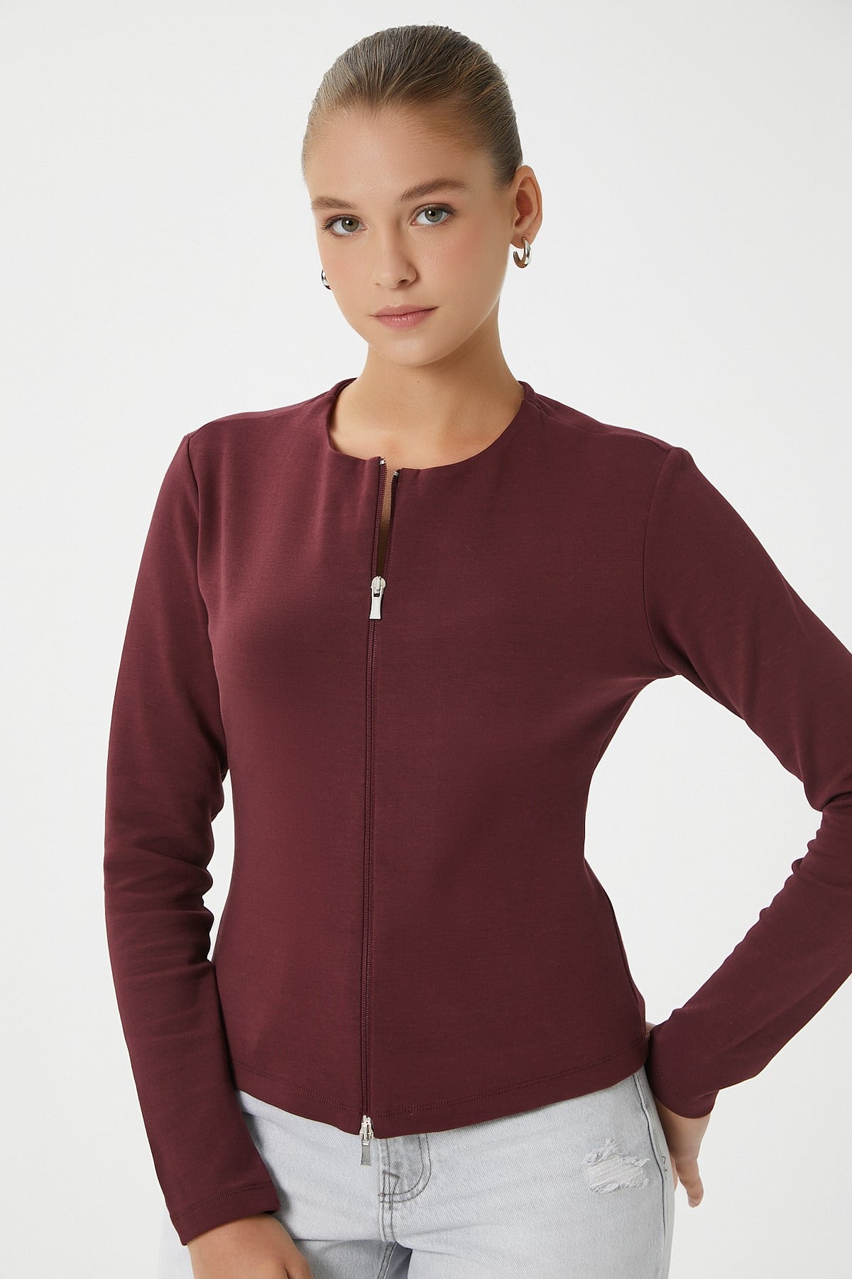 Kadın Dean Premium Çift Taraf Fermuarlı Bordo Bluz