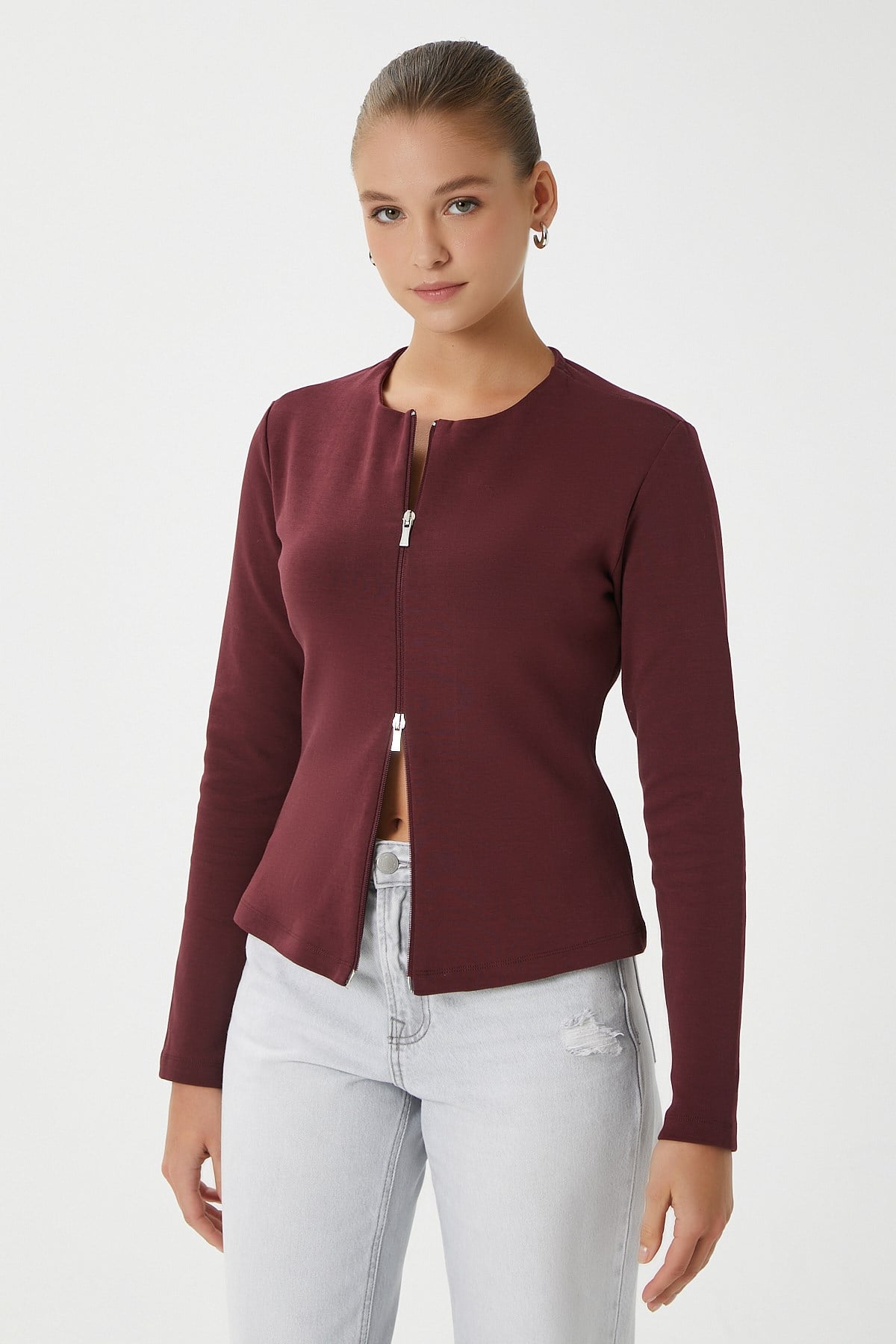 Kadın Dean Premium Çift Taraf Fermuarlı Bordo Bluz