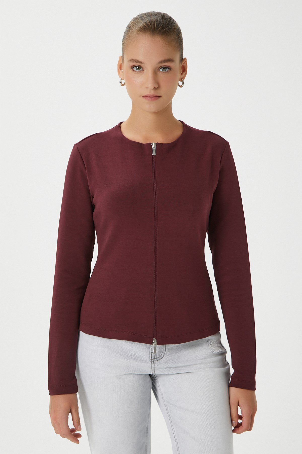 Kadın Dean Premium Çift Taraf Fermuarlı Bordo Bluz