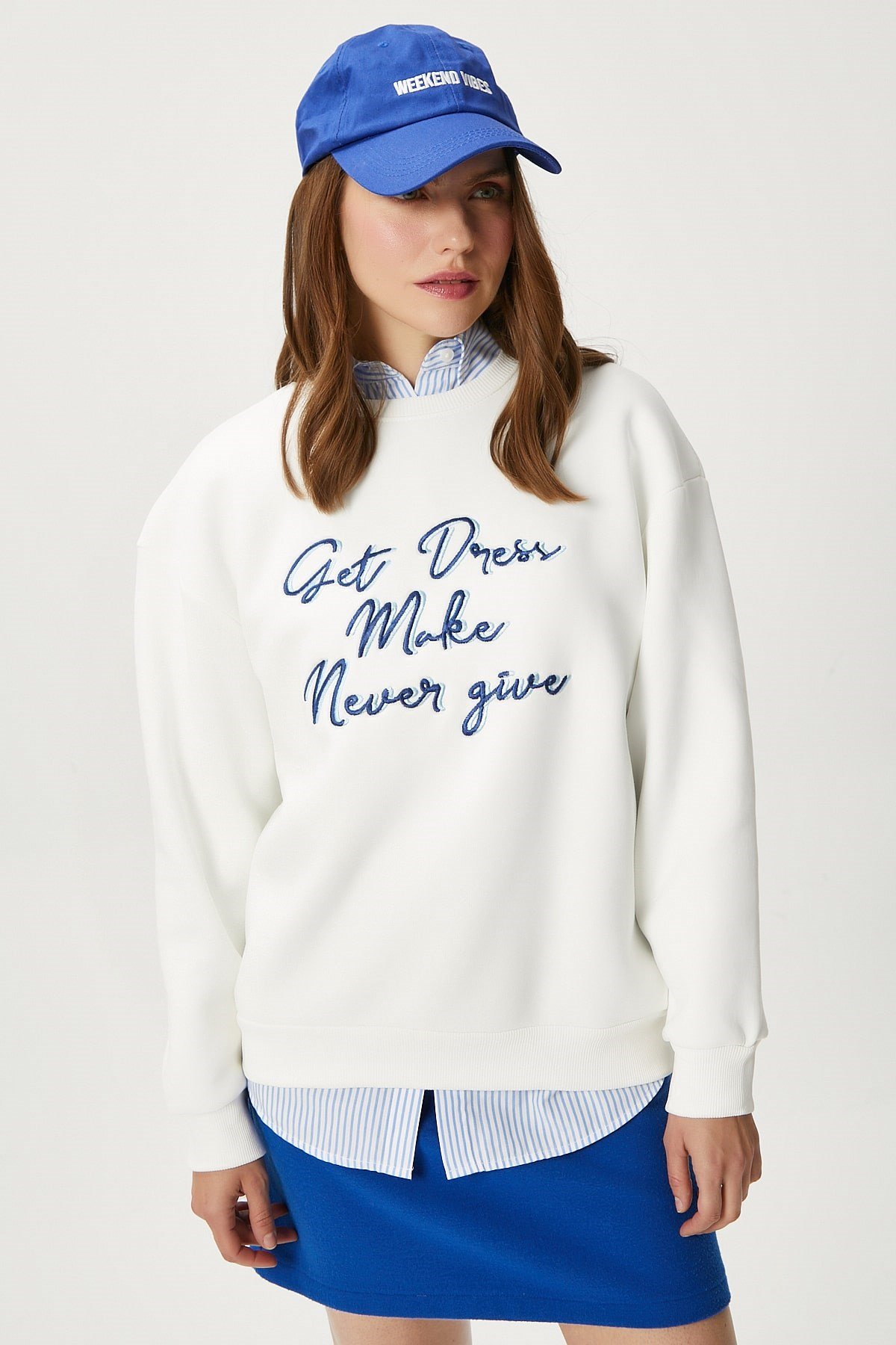 Kadın Dress Nakışlı Ekru Mavi Sweatshirt