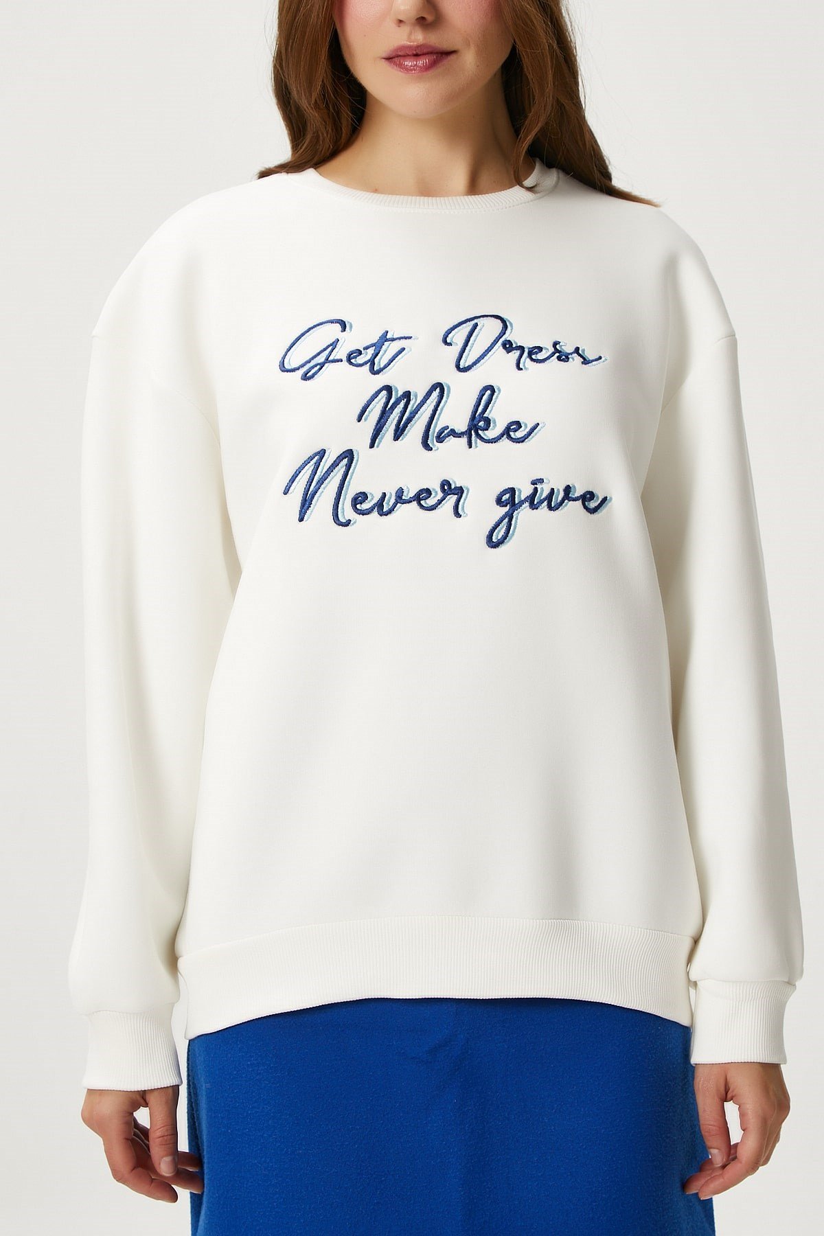 Kadın Dress Nakışlı Ekru Mavi Sweatshirt