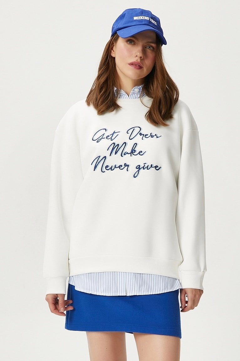 Kadın Dress Nakışlı Ekru Mavi Sweatshirt