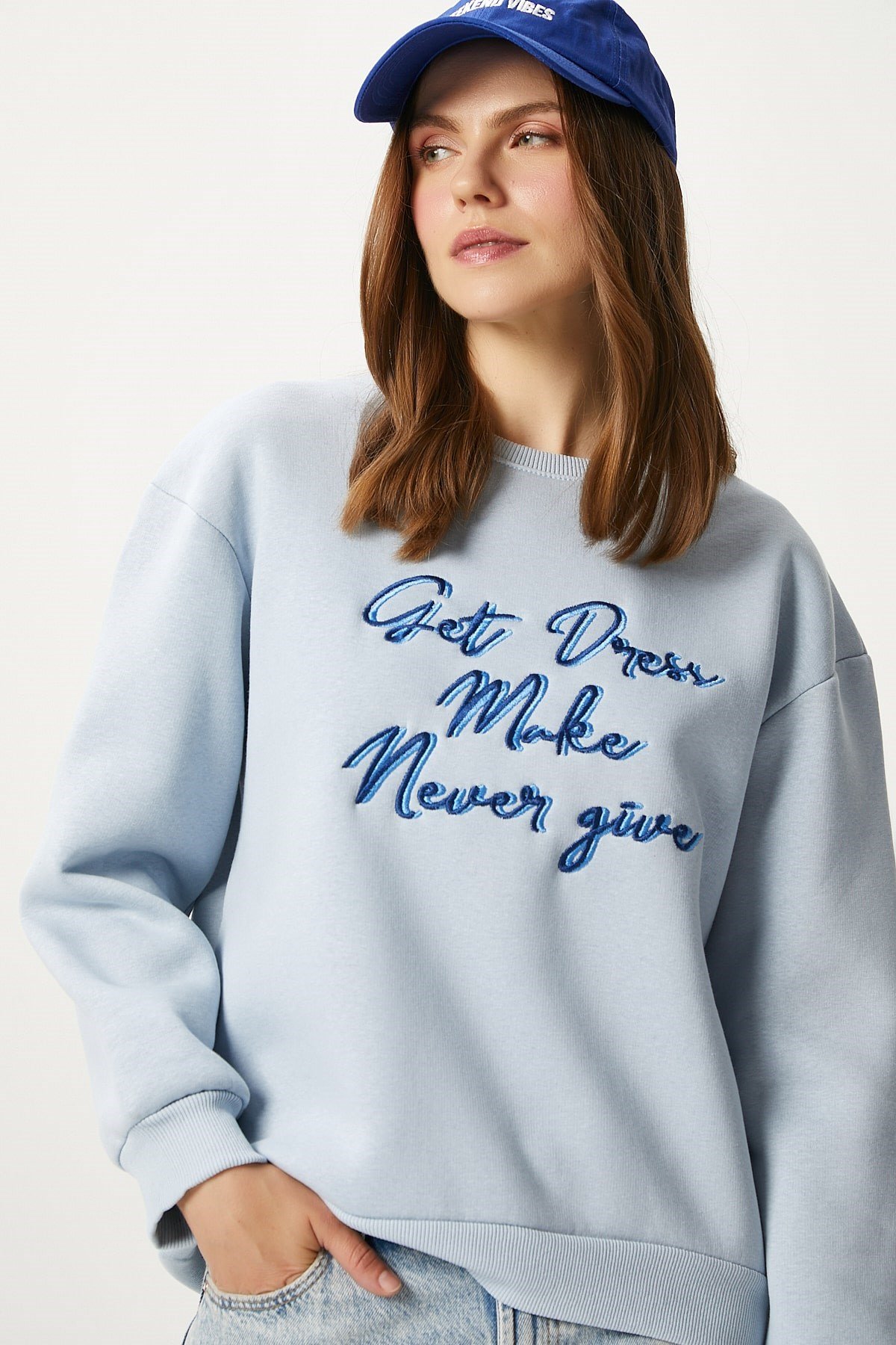 Kadın Dress Nakışlı Mavi Sweatshirt