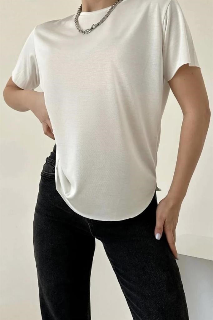 Kadın Ekru %100 Modal Lazerkesim T-Shirt