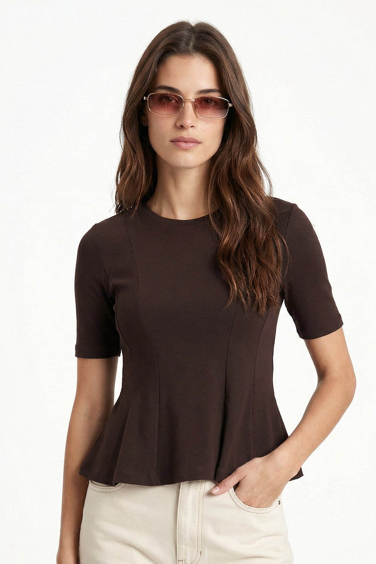 Kadın Ella Kahverengi Peplum Bluz 