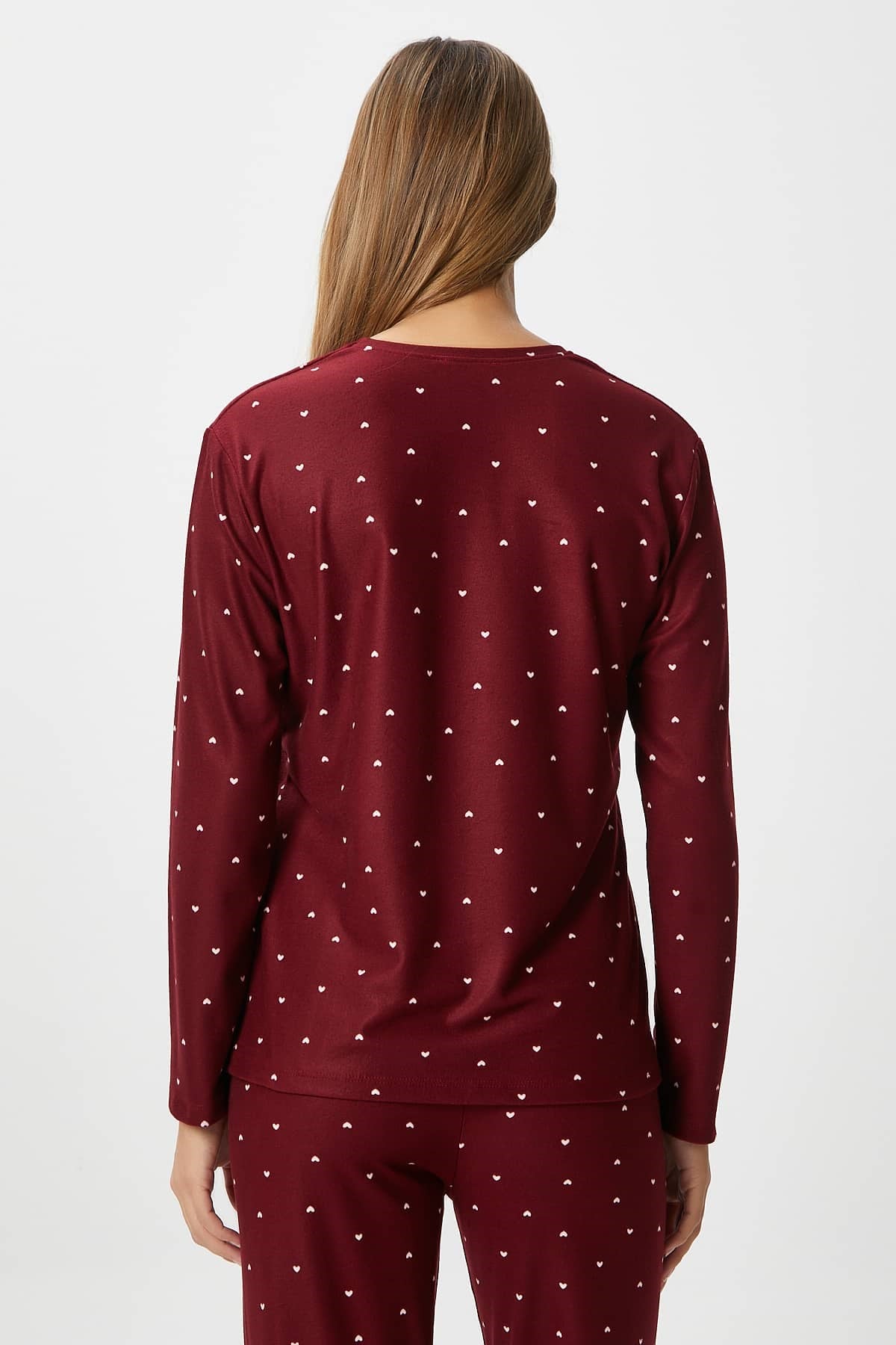 Kadın Ely Premium Bisiklet Yaka Bordo Kalp Süet Doku Yılbaşı Pijama Takımı