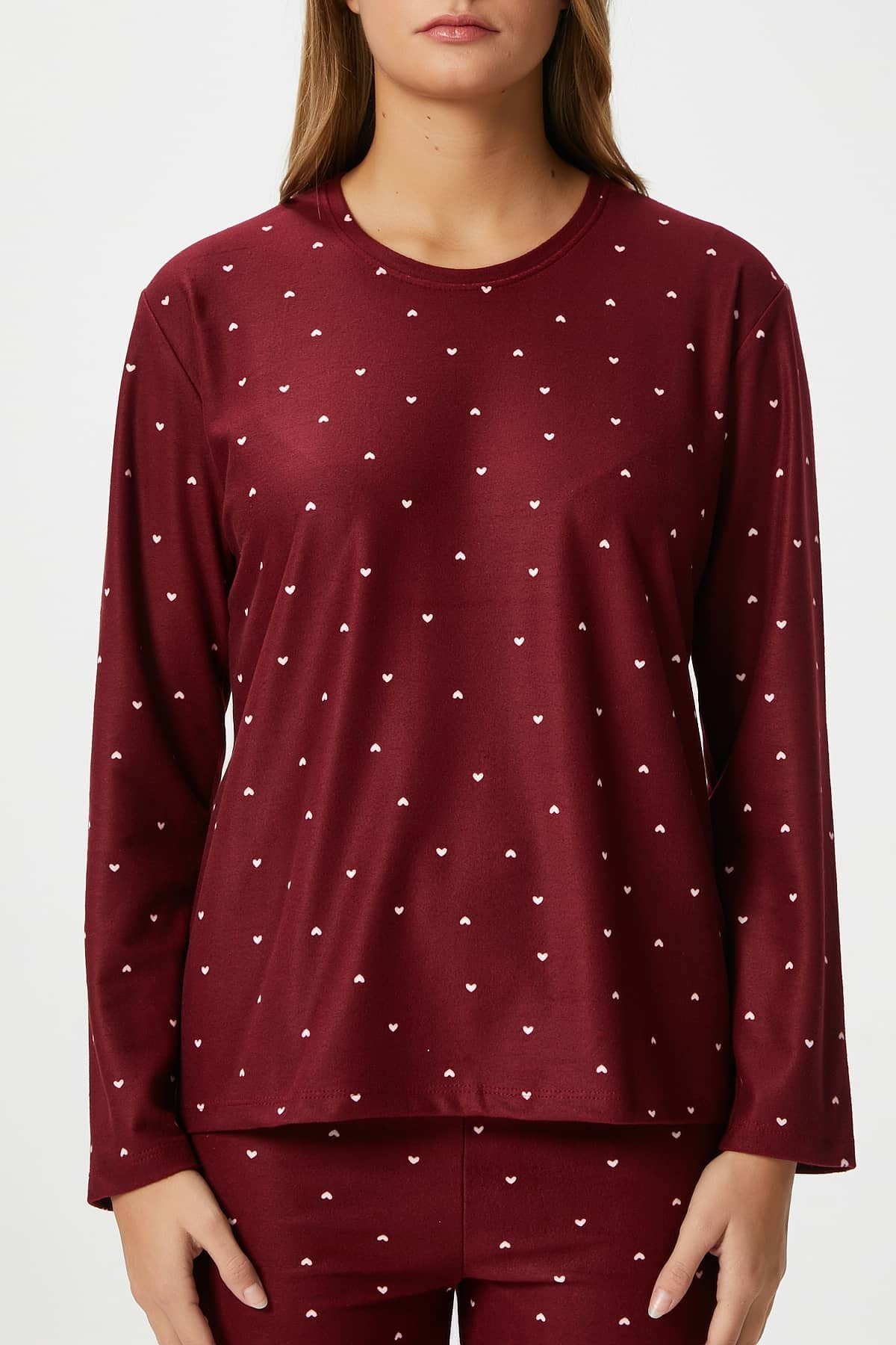 Kadın Ely Premium Bisiklet Yaka Bordo Kalp Süet Doku Yılbaşı Pijama Takımı