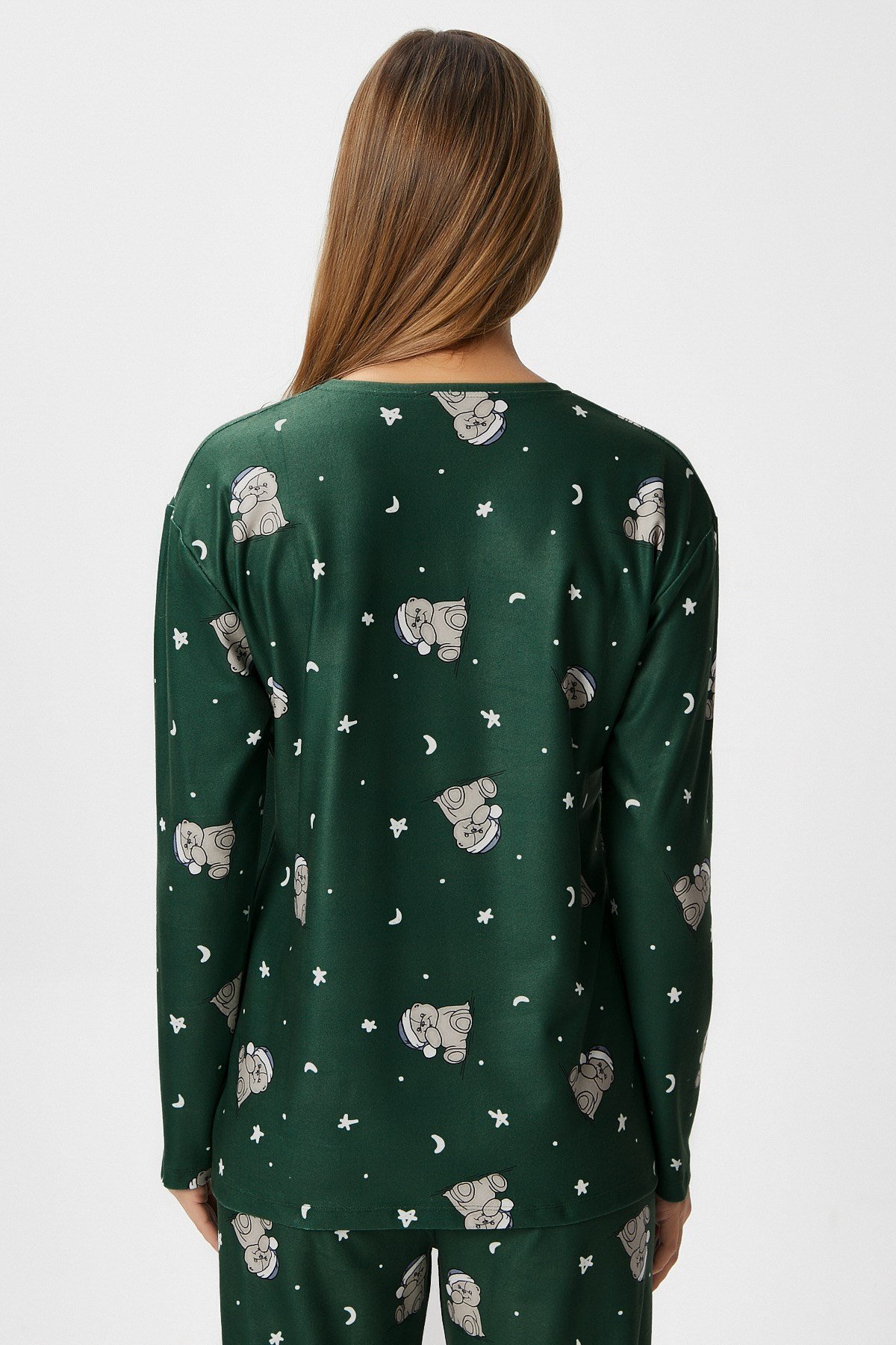 Kadın Ely Premium Bisiklet Yaka Yeşil Ayıcık Süet Doku Yılbaşı Pijama Takımı